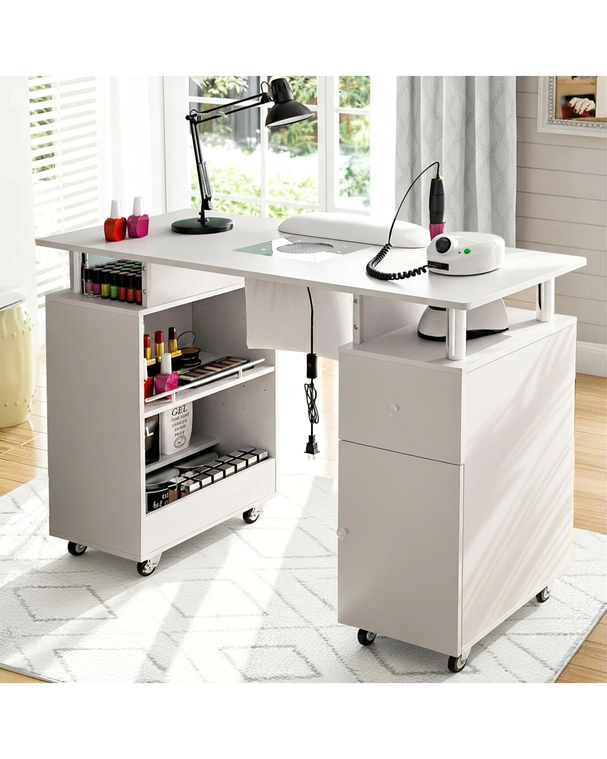 2 Advwin Manicure Table Vanity Desk for Nail Tech with Dust Collector Wrist Rest Lockable Wheels - White, 2 of 9