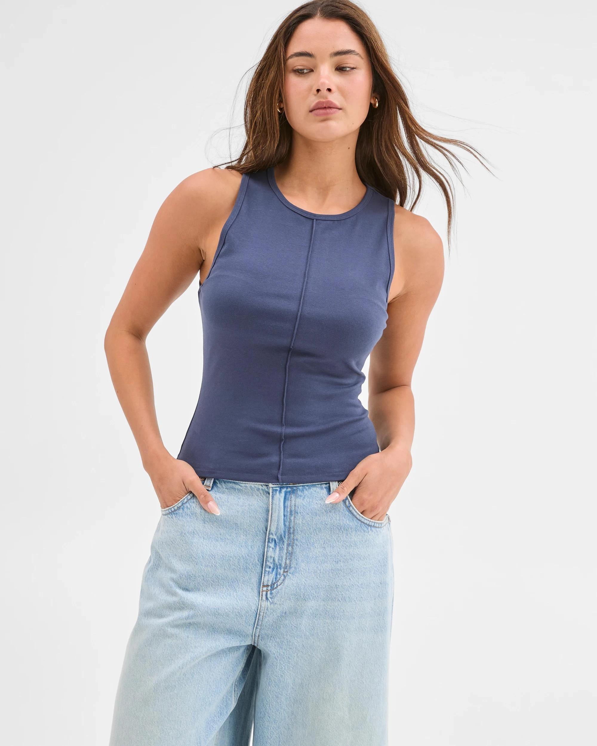 2 Lily Loves Australian Cotton Blend Exposed Seam Tank Top DUSTY BLUE, 2 of 6