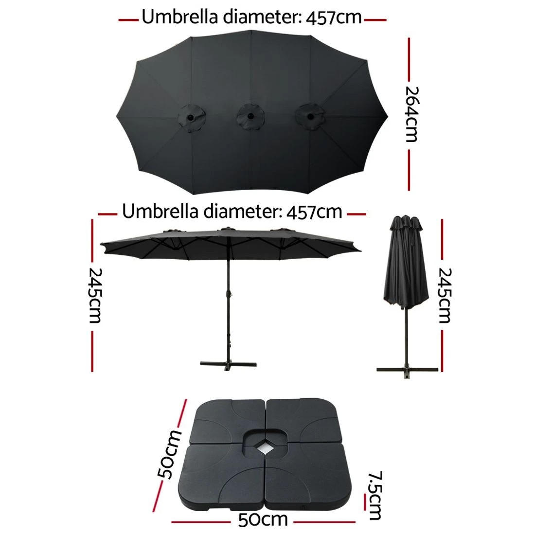 1 Instahut 4.57m Outdoor Umbrella w/Base Stand Beach Pole Garden Tilt - Black, 1 of 5