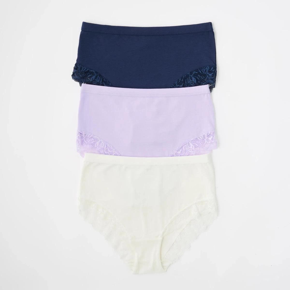 1 3 Pack Lace Trim Cotton Full Briefs BRIGHT LAVENDER, CLOUD DANCER, DEEP NAVY, 1 of 7