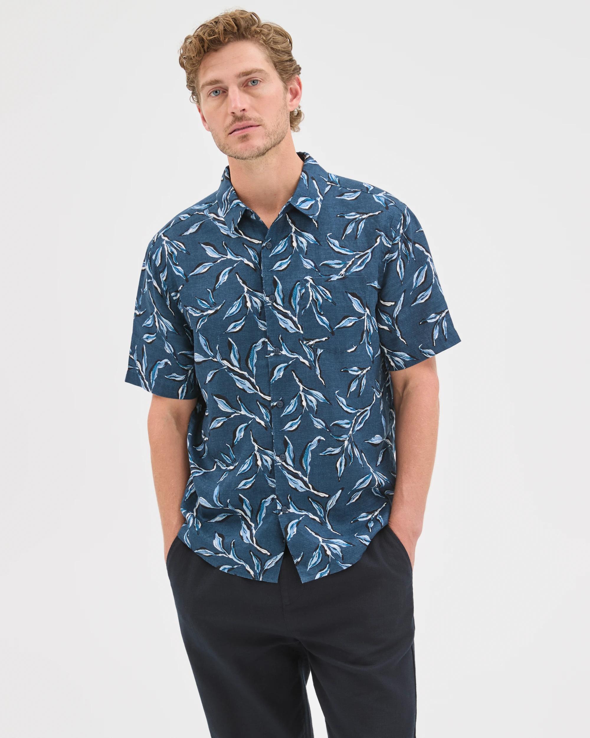 1 Target Man European Linen Short Sleeve Printed Shirt NAVY, 1 of 7