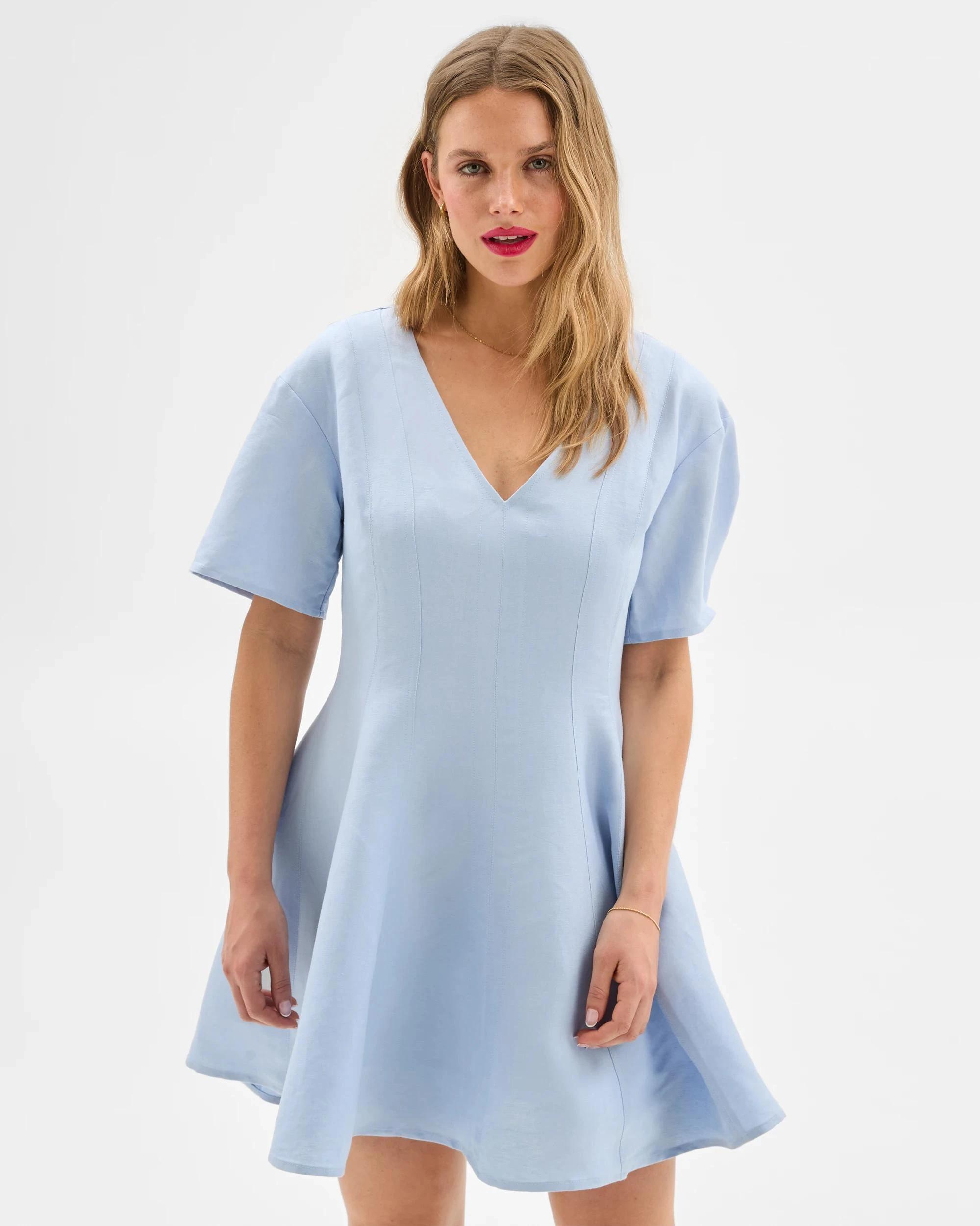 1 Lily Loves European Linen Blend Pleat Mini Dress KENTUCKY BLUE, 1 of 5
