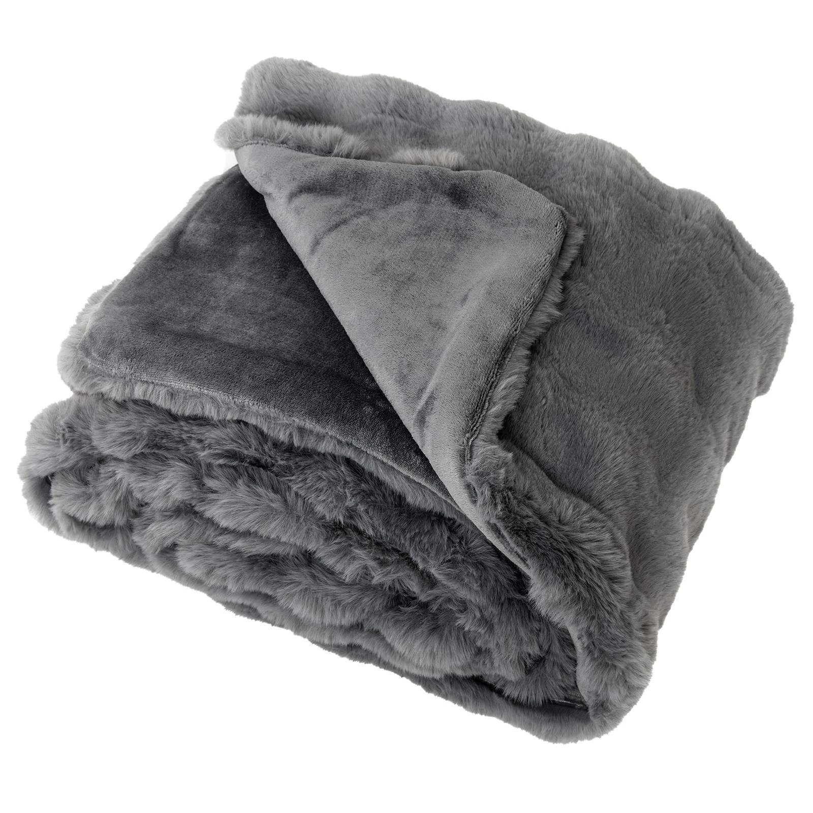 1 ostway Bubble Faux Rabbit Fur Throw Blanket Reversible Soft Plush Sofa Bed Blanket - Grey, 1 of 4