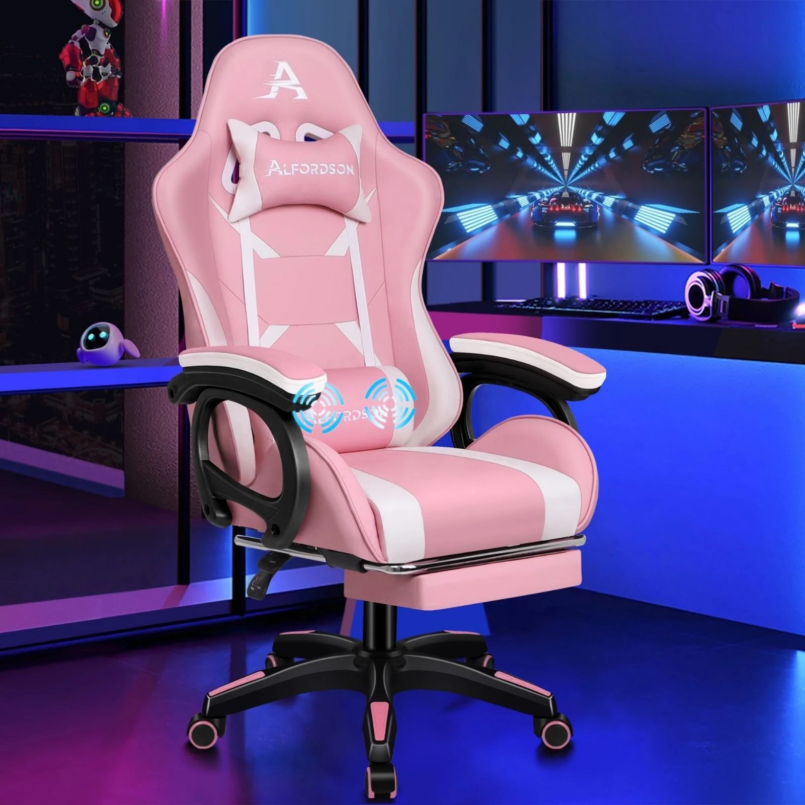2 Alfordson Gaming Office Chair Massage Racing Computer Seat Footrest Leather - Pink, 2 of 10