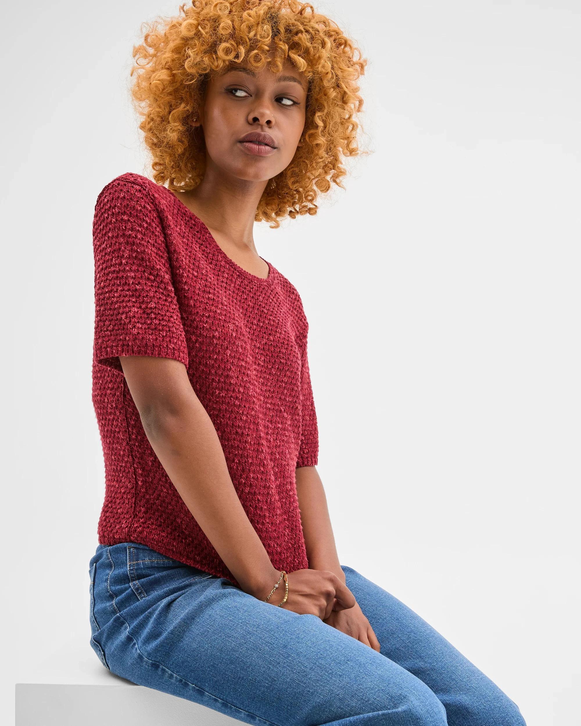 1 Target Petites Petites Short Sleeve Textured Knit T-Shirt GARNET, 1 of 5