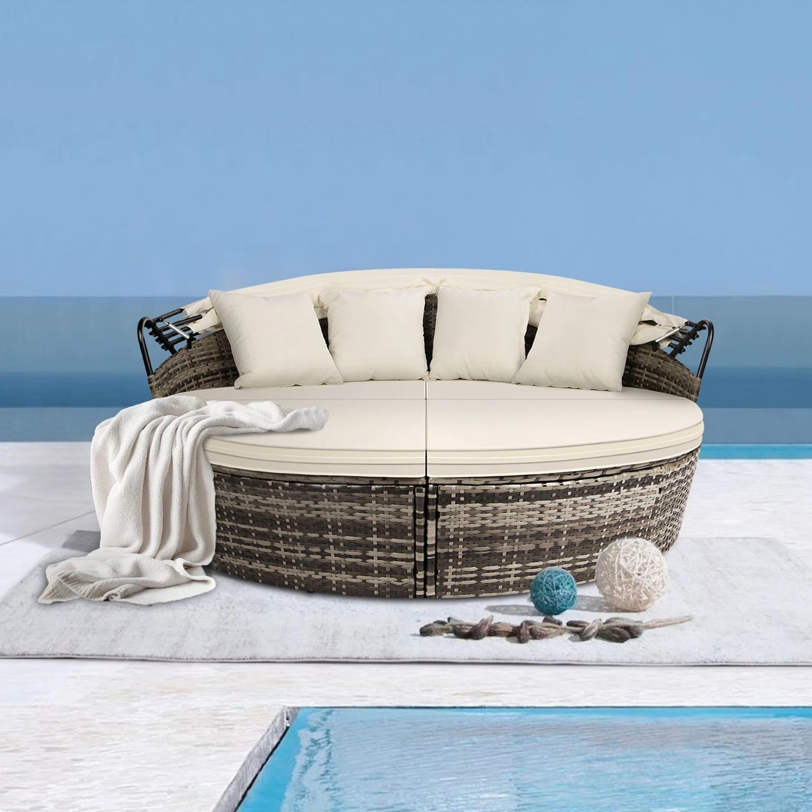 4 Alfordson Outdoor Sun Lounge Day Bed Wicker Furniture Sofa Bed Garden 3PCS - Beige, 4 of 10