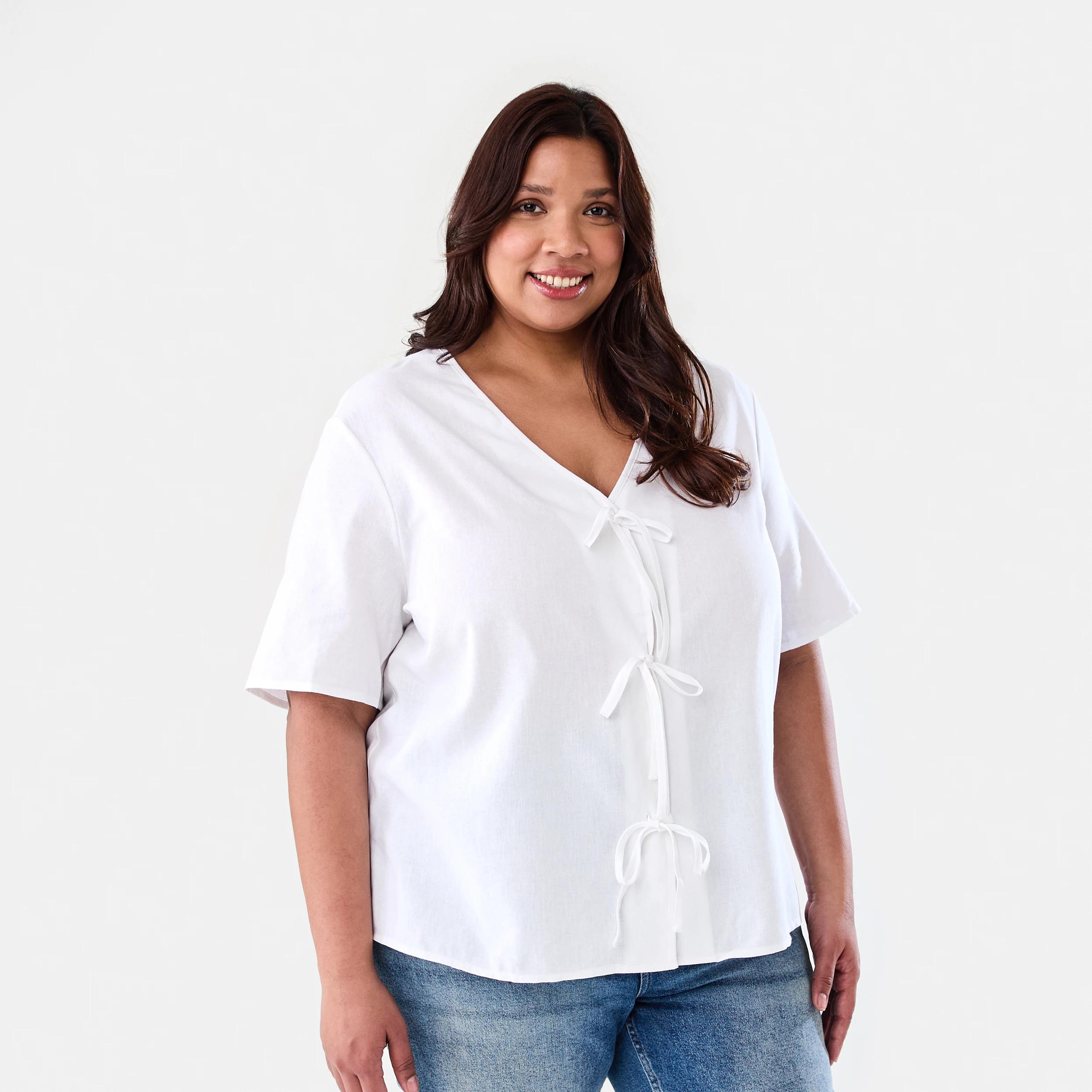 2 Curve Short Sleeve Tie Front Top White, 2 of 7