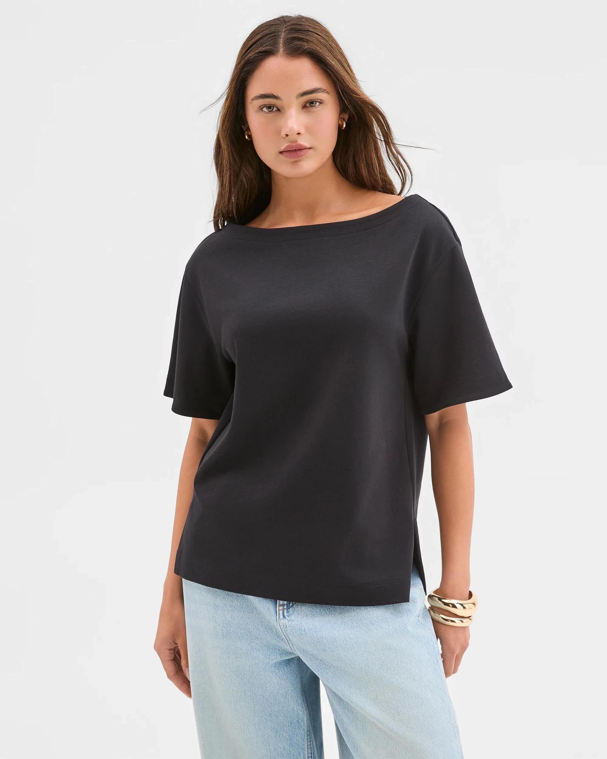2 Lily Loves Australian Cotton Boat Neck Off Shoulder T-Shirt BLACK, 2 of 6