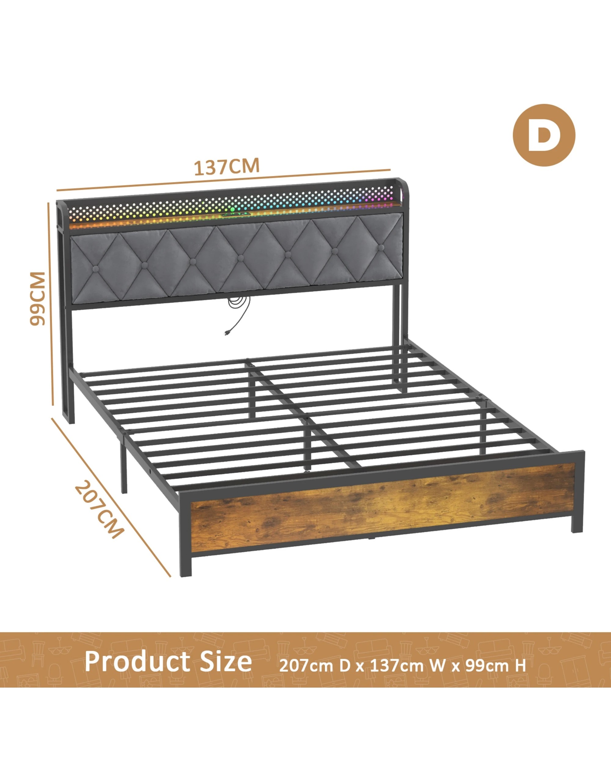 3 Advwin Double Bed Frame With Rgb Led Lights And Charging Station Storage Headboard Shelf, 3 of 7