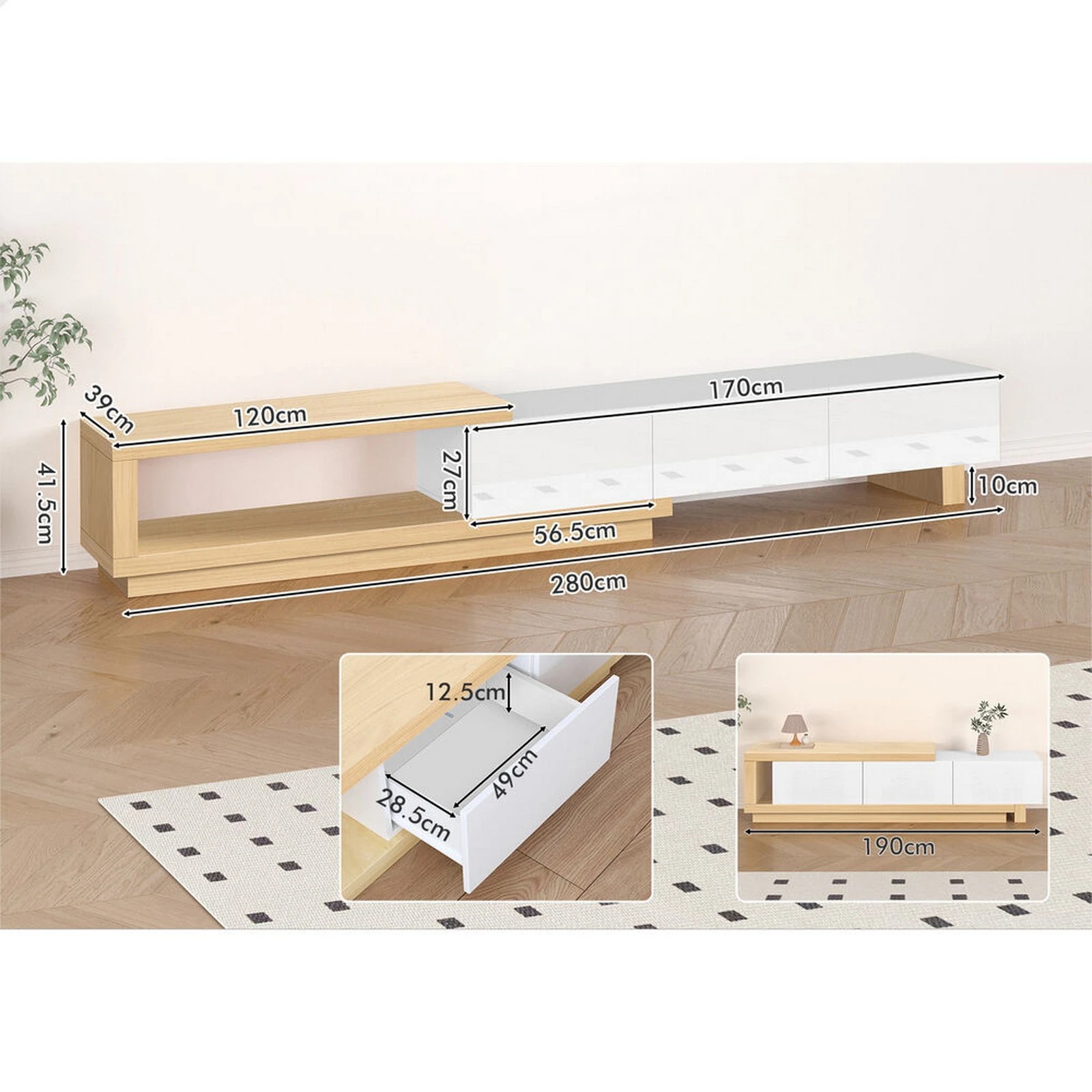 8 Alfordson 190-280cm Extendable Entertainment Unit TV Stand Cabinet Drawer - Wood White, 8 of 9