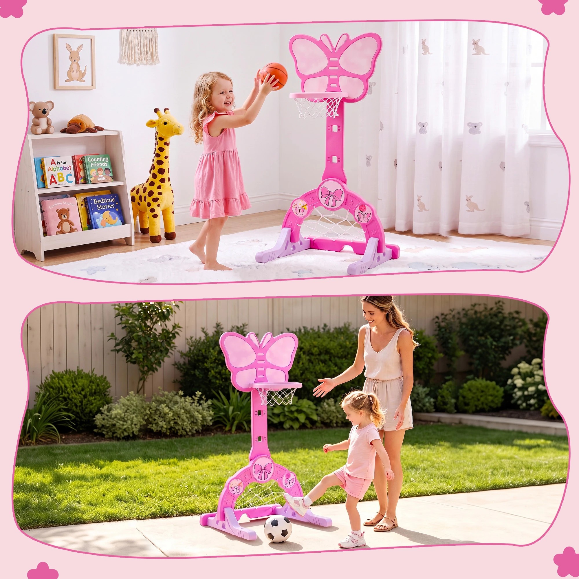 6 Keezi 3-in-1 Kids Basketball Hoop Soccer Goal Golf Game Set with Balls Children Sports Center Butterfly - Pink, 6 of 8