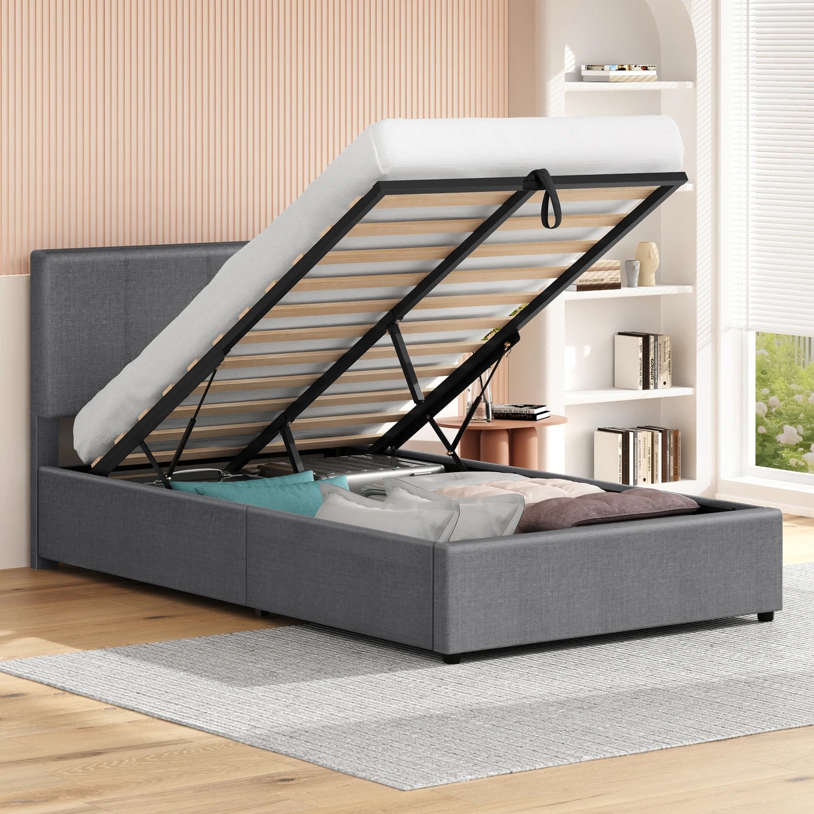 4 Alfordson Bed Frame King Single Gas Lift Storage Adjustable Headboard Luria - Grey, 4 of 9