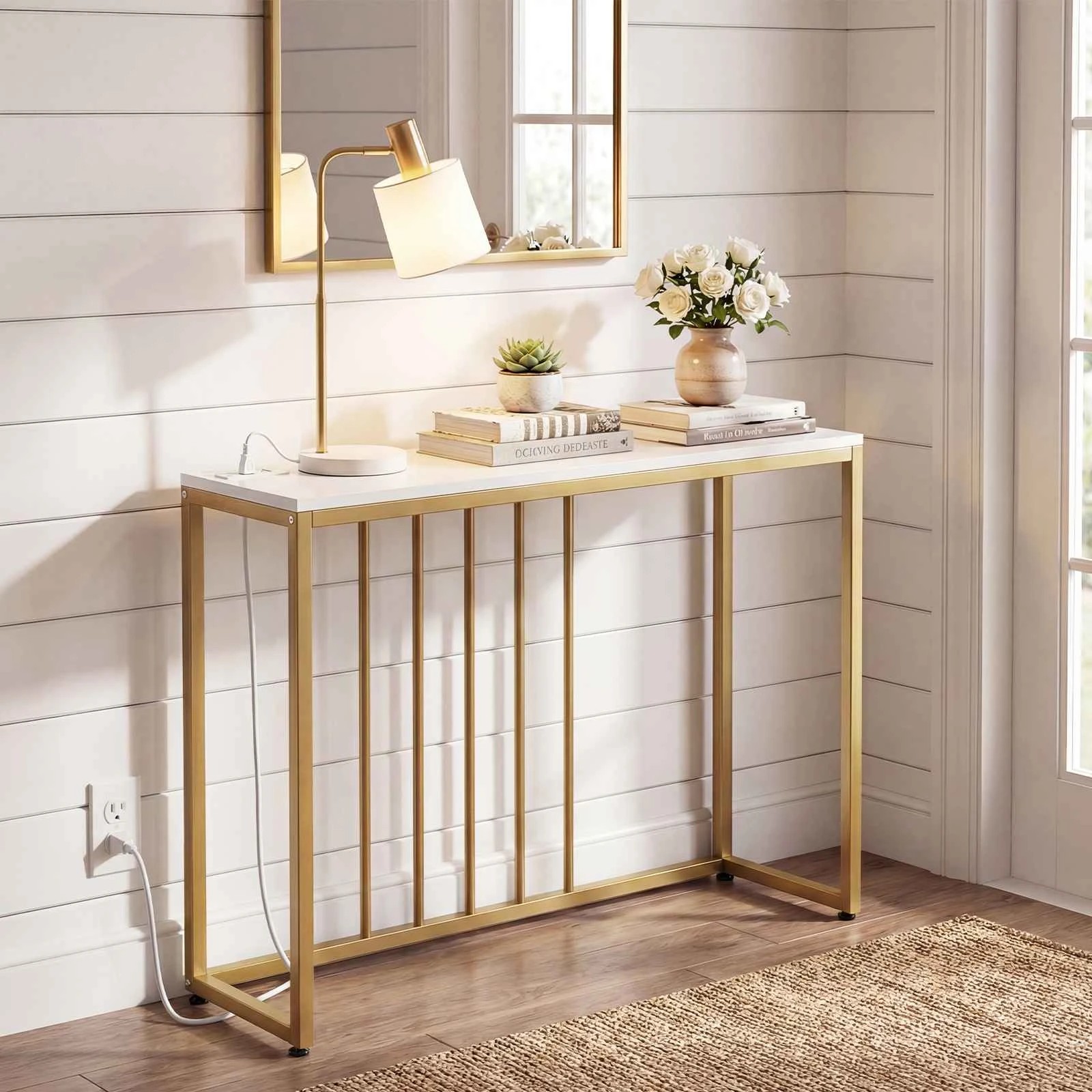 4 Costway Console Table w/Power Outlets Narrow Entryway Hallway Table, 4 of 5
