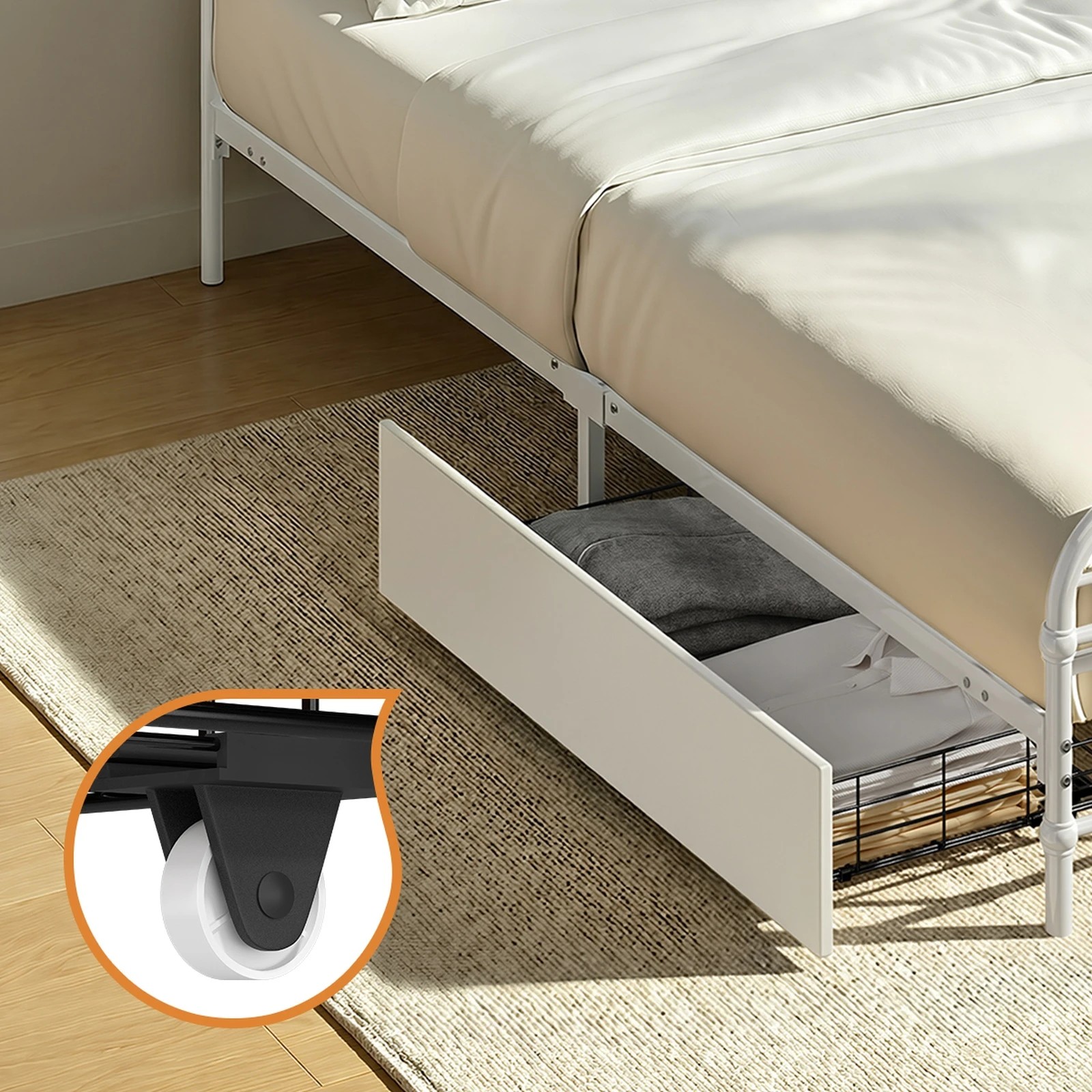 3 Oikiture Metal Bed Frame King Single Size Bed Base with 2 Drawers - White, 3 of 9