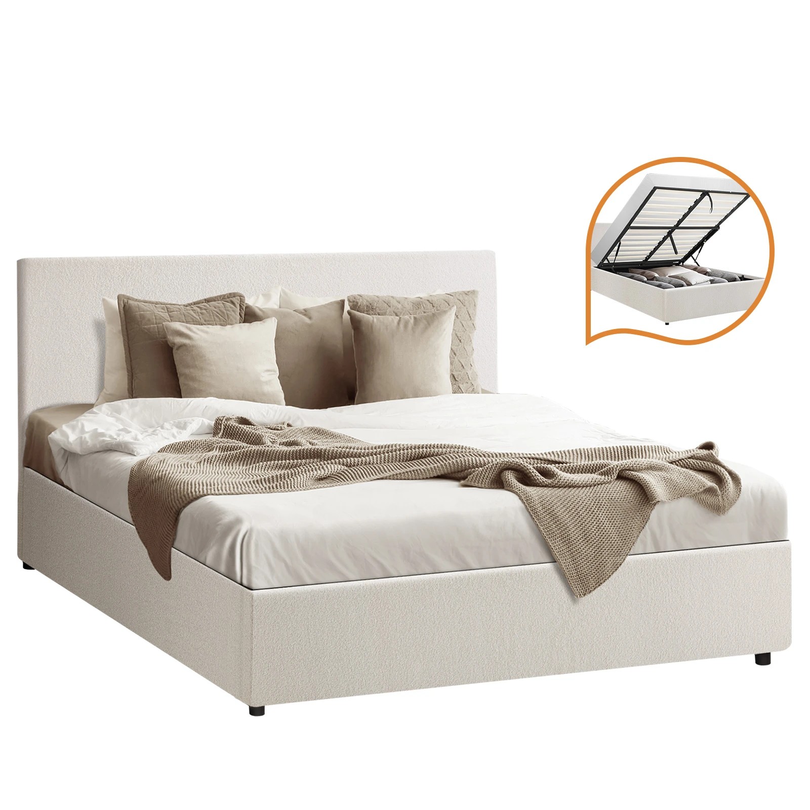 1 Oikiture Queen Bed Frame Gas Lift Base With Storage Boucle
 - White, 1 of 10
