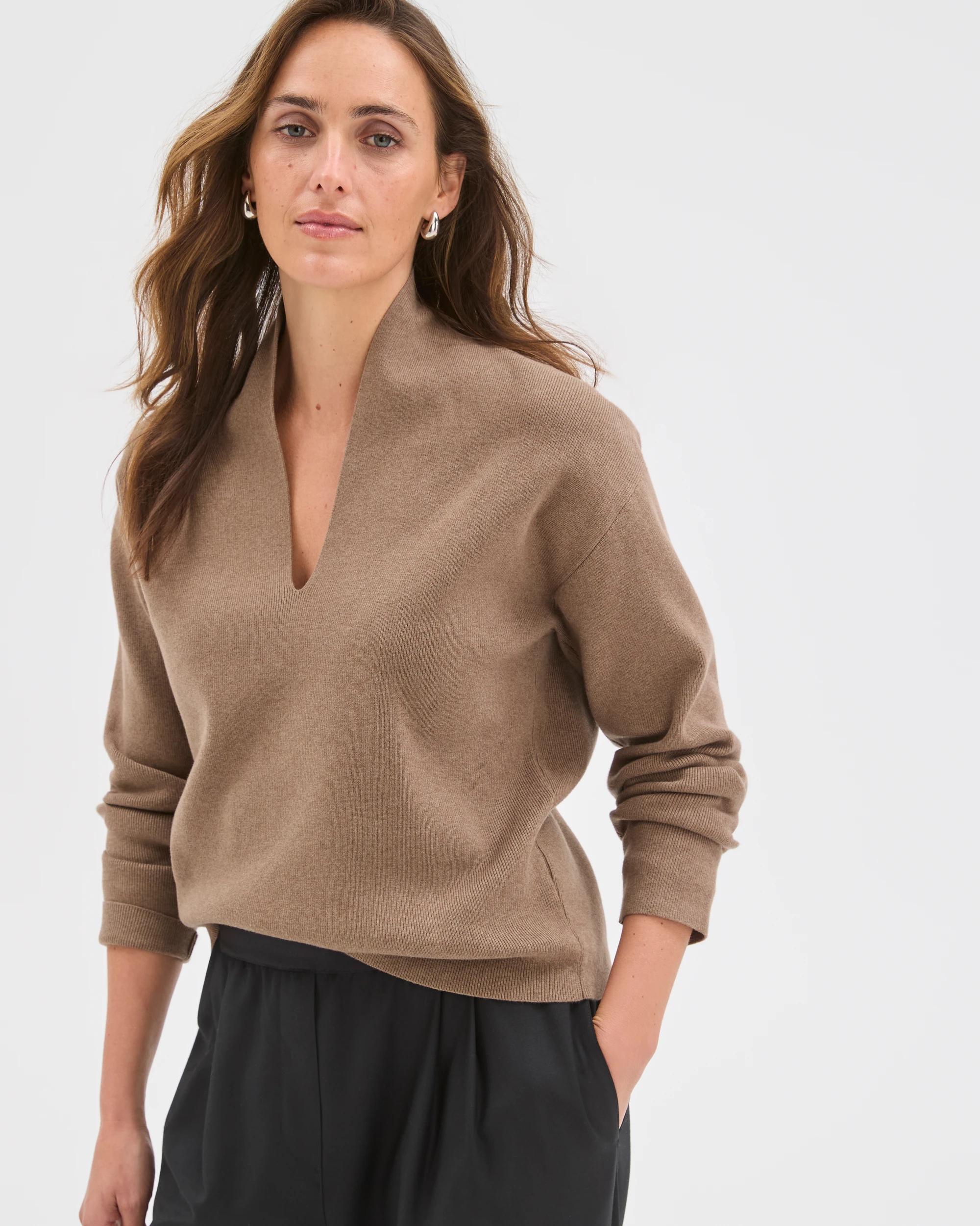 1 Preview Australian Cotton Blend Long Sleeve Deep V-Neck Jumper SMOKED TAUPE MARLE, 1 of 6