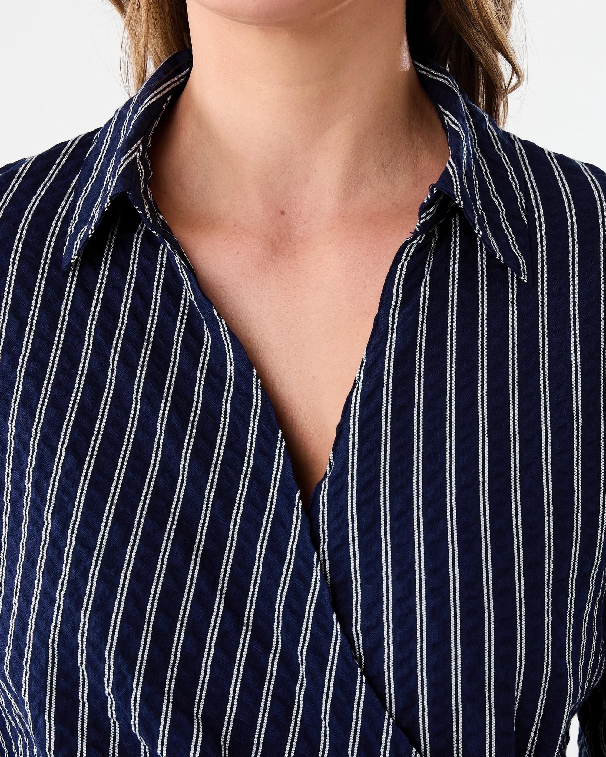 5 Long Sleeve Wrap Shirt Mini Dress Navy Strp, 5 of 8