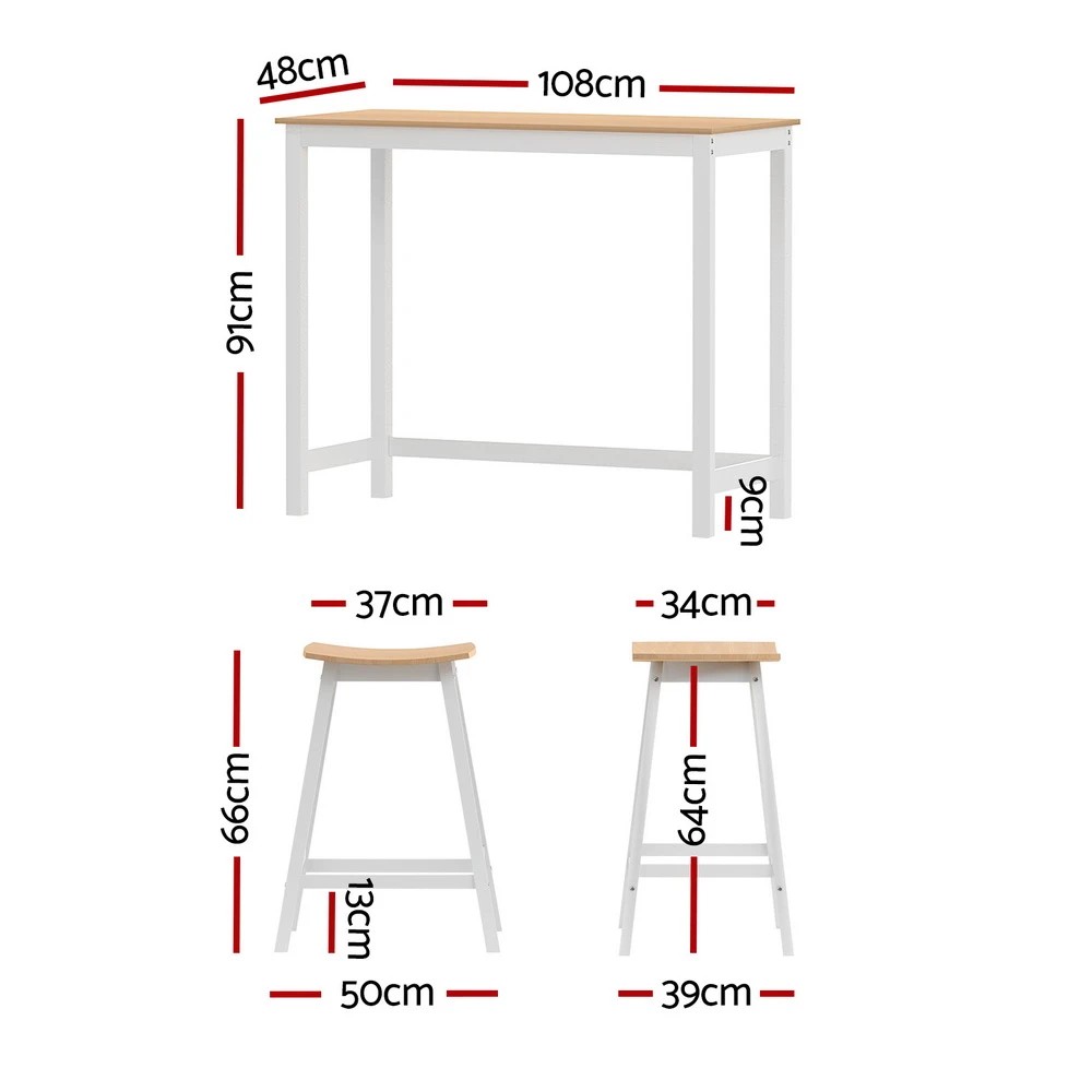 3 Artiss Bar Table and Stools Set Dining Desk Solid Wood Kitchen Chairs Cafe Pub - Natural, 3 of 5