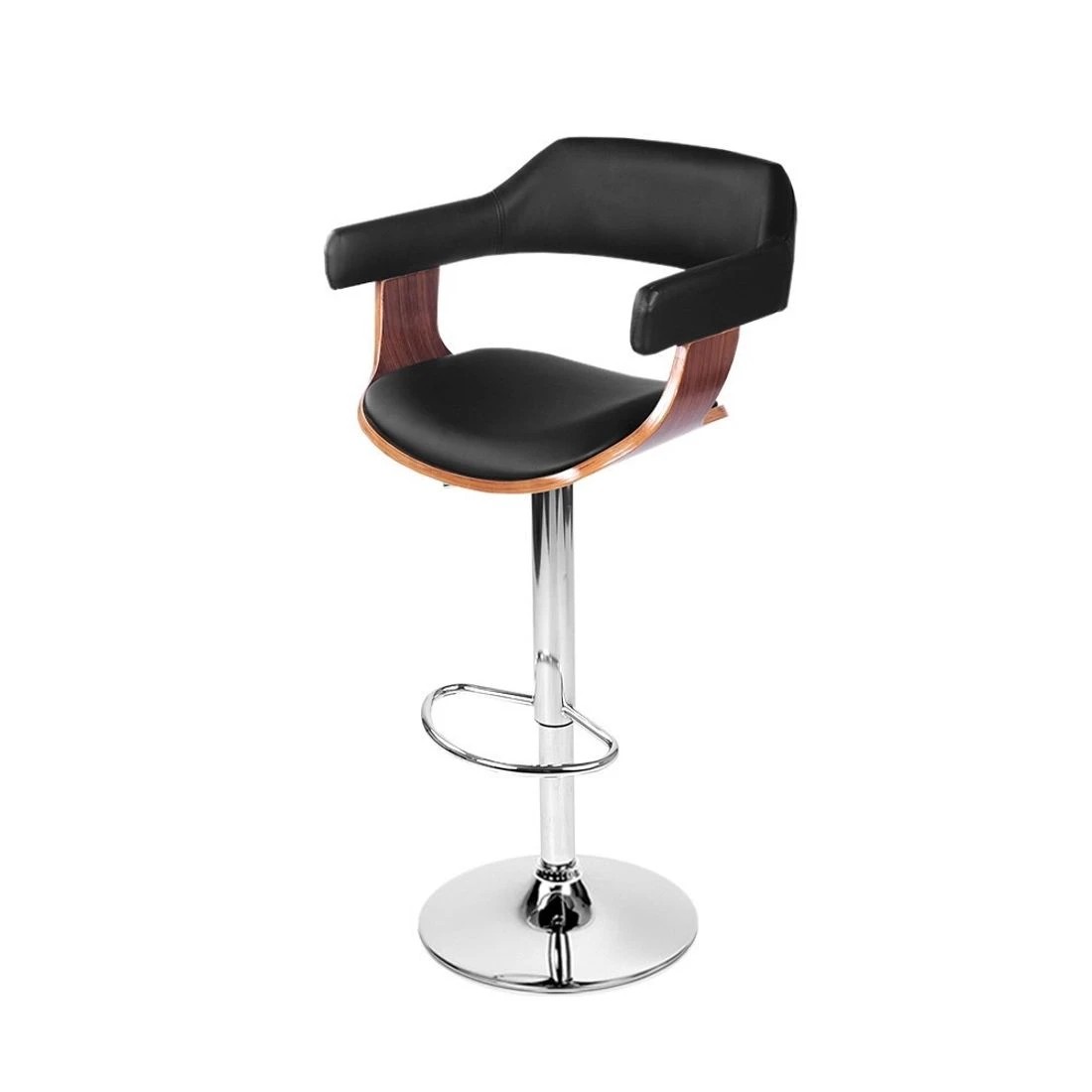 1 Artiss 1x Bar Stools Gas Lift Leather w/Armrest - Black, 1 of 8