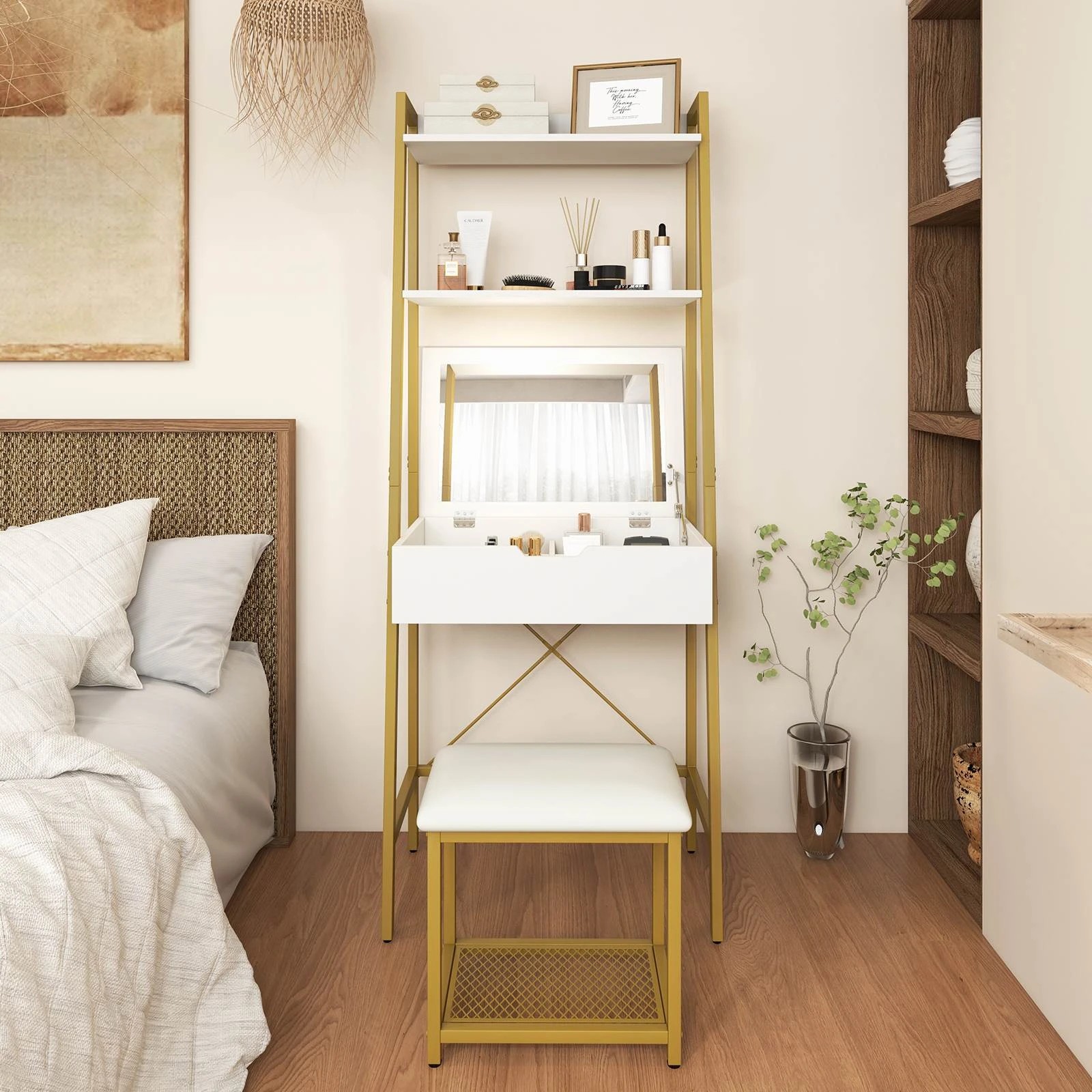 4 Costway Ladder Vanity Table Stool Set Makeup Desk Dressers w/Open Shelf & Compartment, 4 of 4