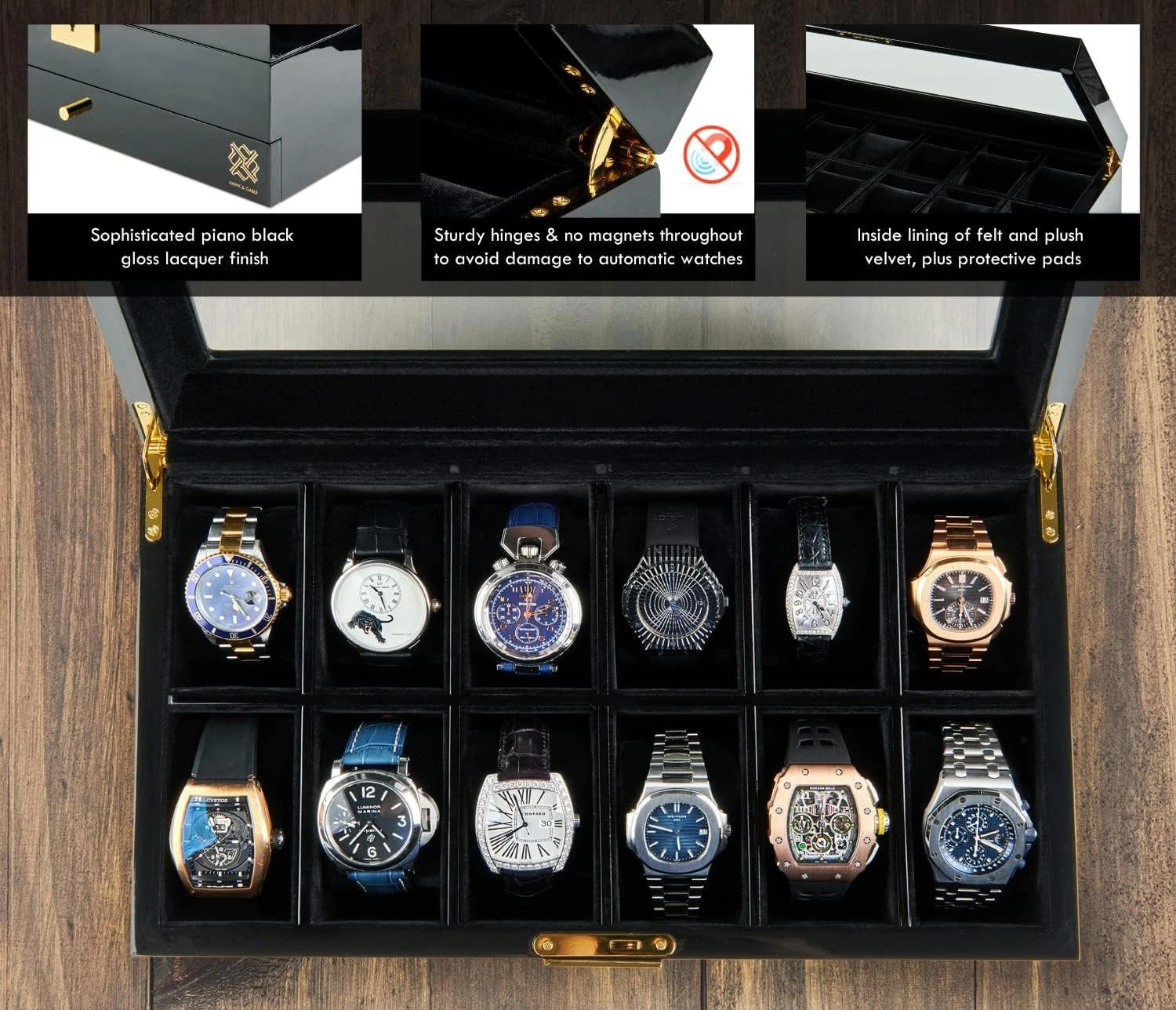 6 HAWK & GABLE 12 Slot Watch Box Organizer with Drawer Luxury Piano Finish Case PIANO BLACK, 6 of 9