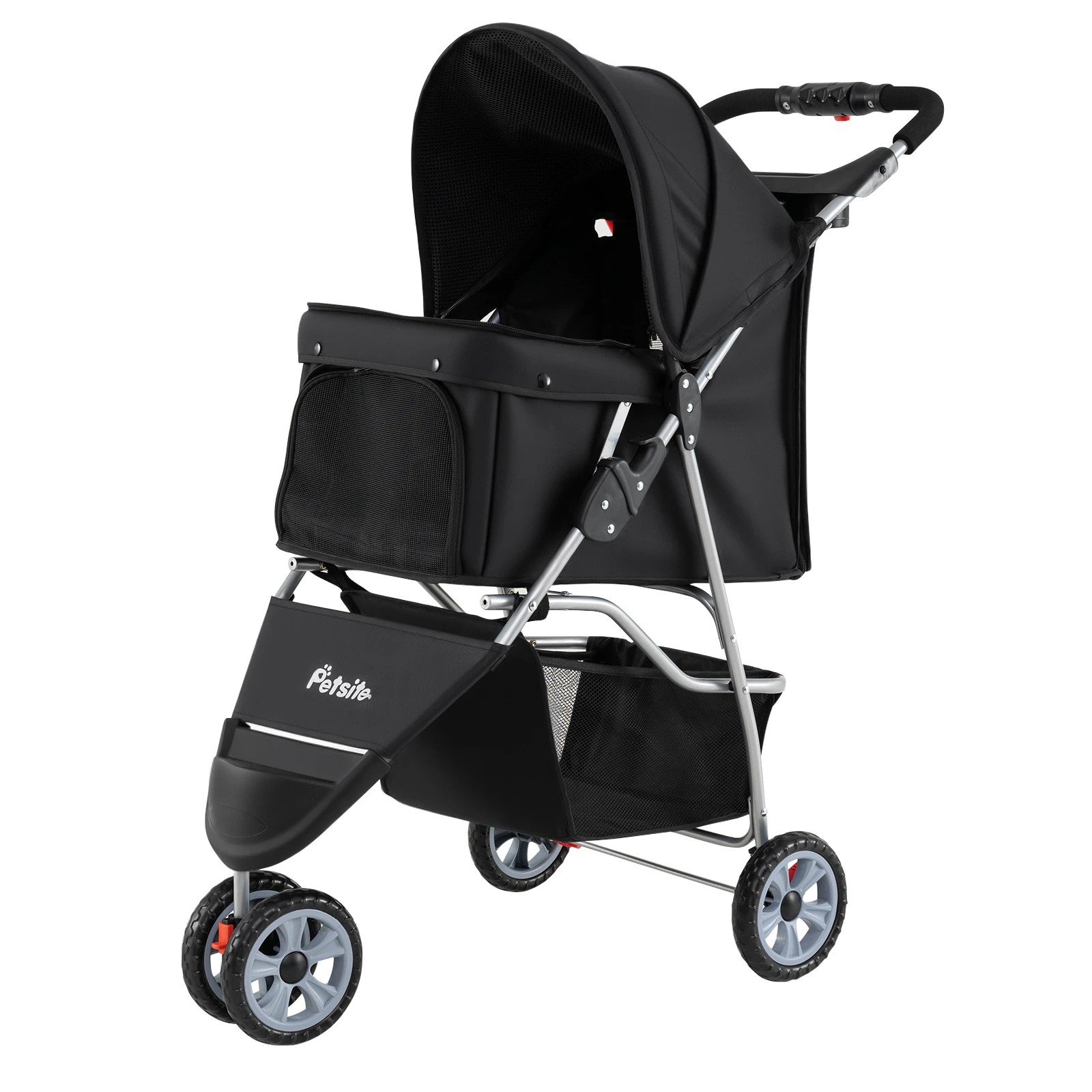 1 Costway 3-Wheel Pet Stroller Foldable Dog Cat Travel Cart w/Storage Basket - Black, 1 of 5