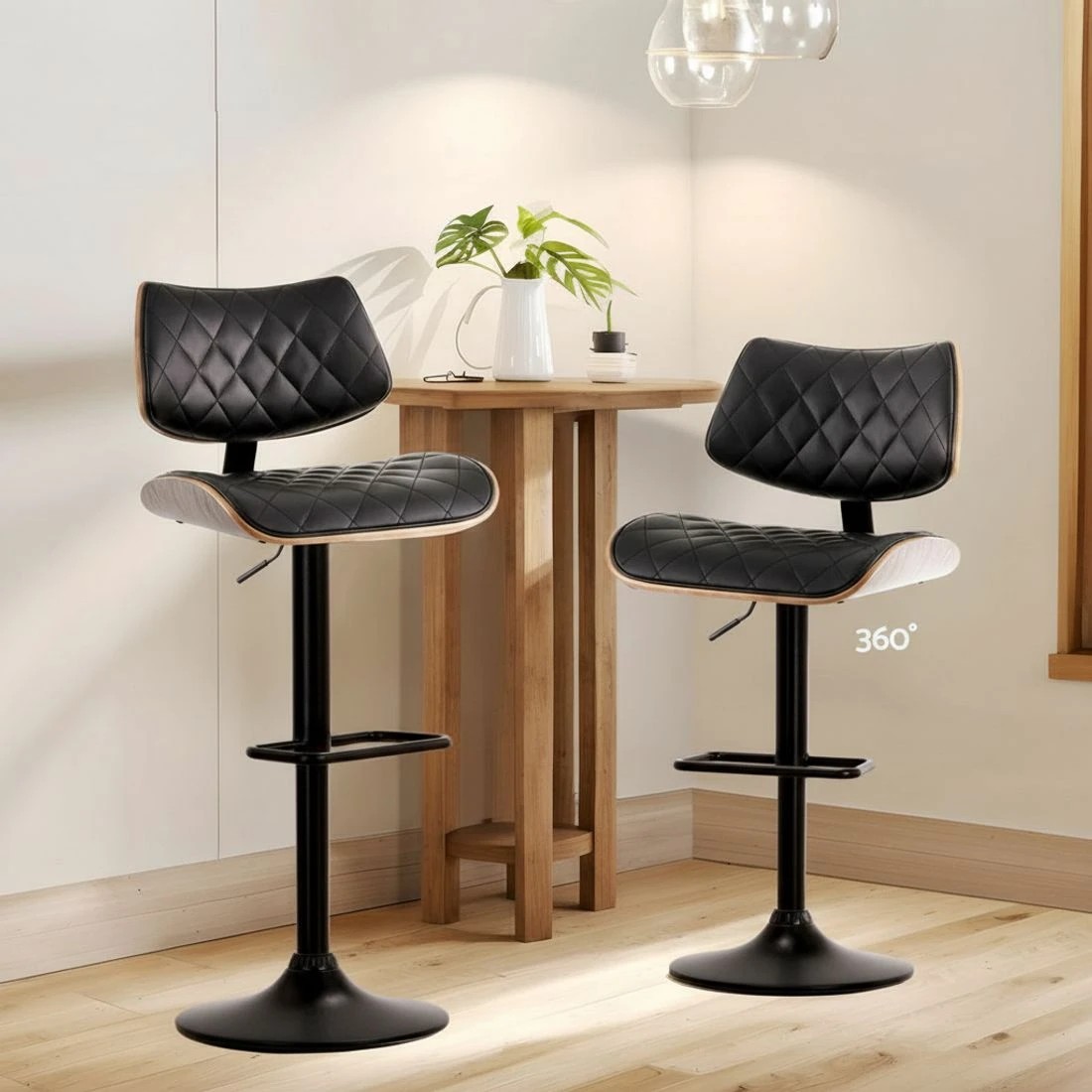 5 Artiss 4x Bar Stools Kitchen Dining Chairs Gas Lift Stool Wooden Leather - Black, 5 of 7