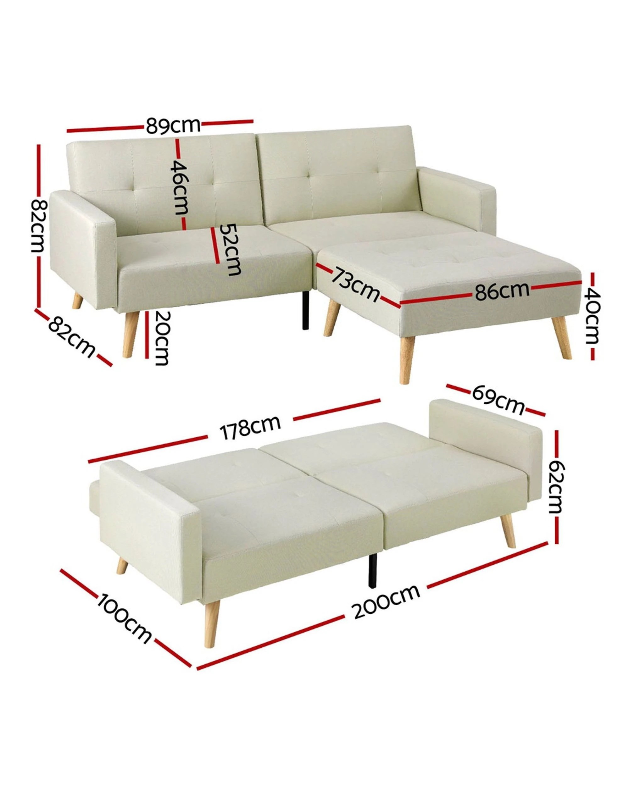 2 Artiss Sofa Bed Ottoman 3 Seater Fabric
 - White, 2 of 3