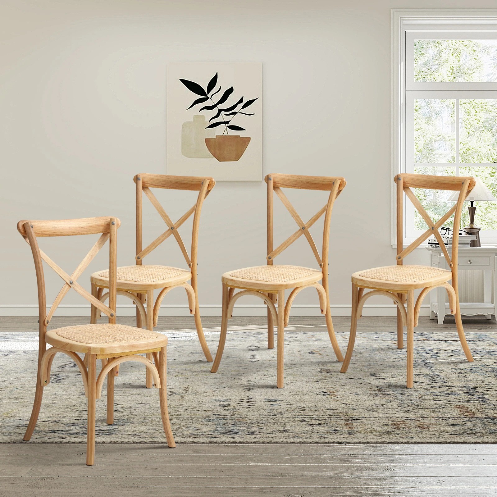 2 Oikiture 4PCS Crossback Dining Chair Solid Birch Timber Wood Ratan Seat - Natural, 2 of 9