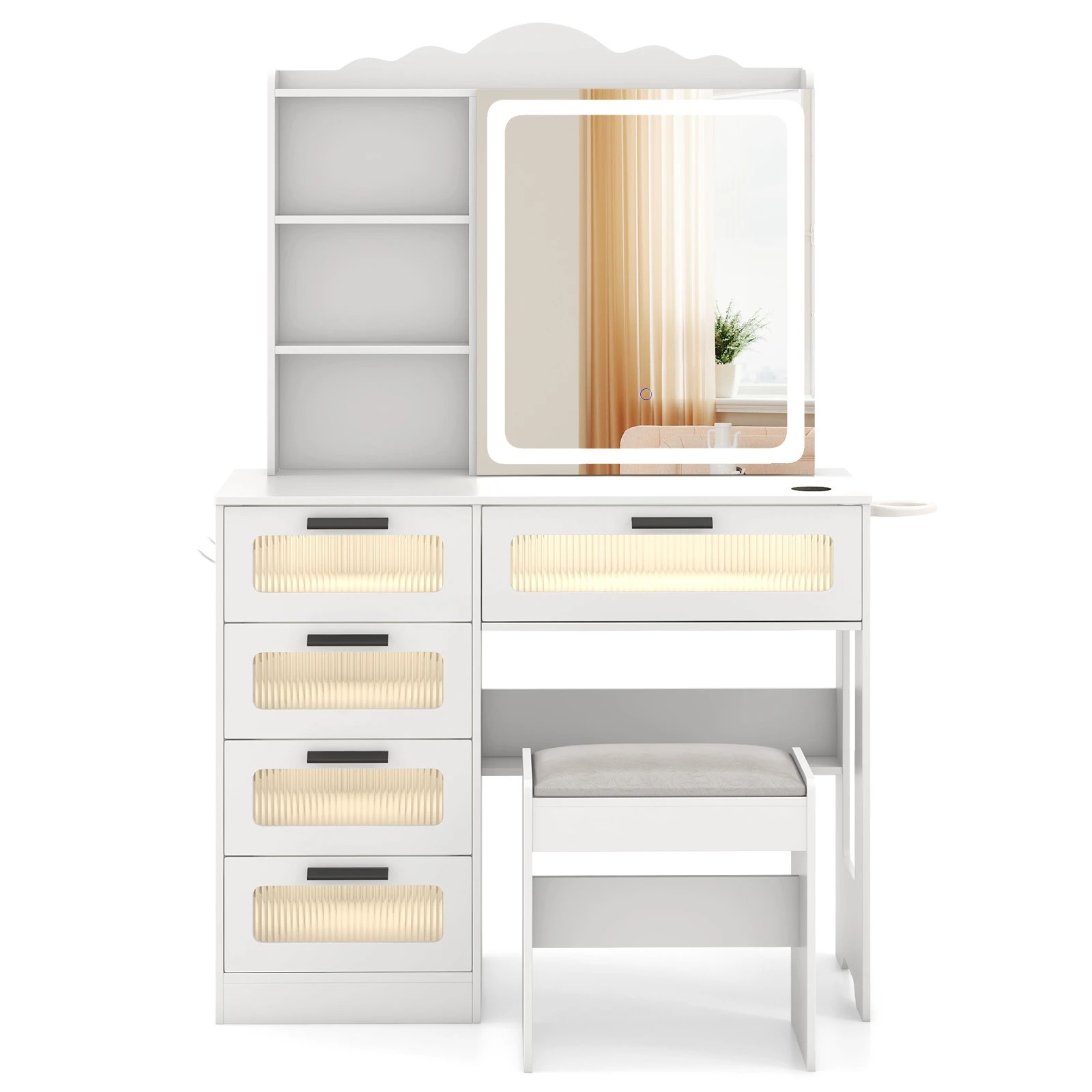 1 Costway 3-Color LED Dressing Table Set Makeup Vanity Table Stool Set w/Mirror, 1 of 10