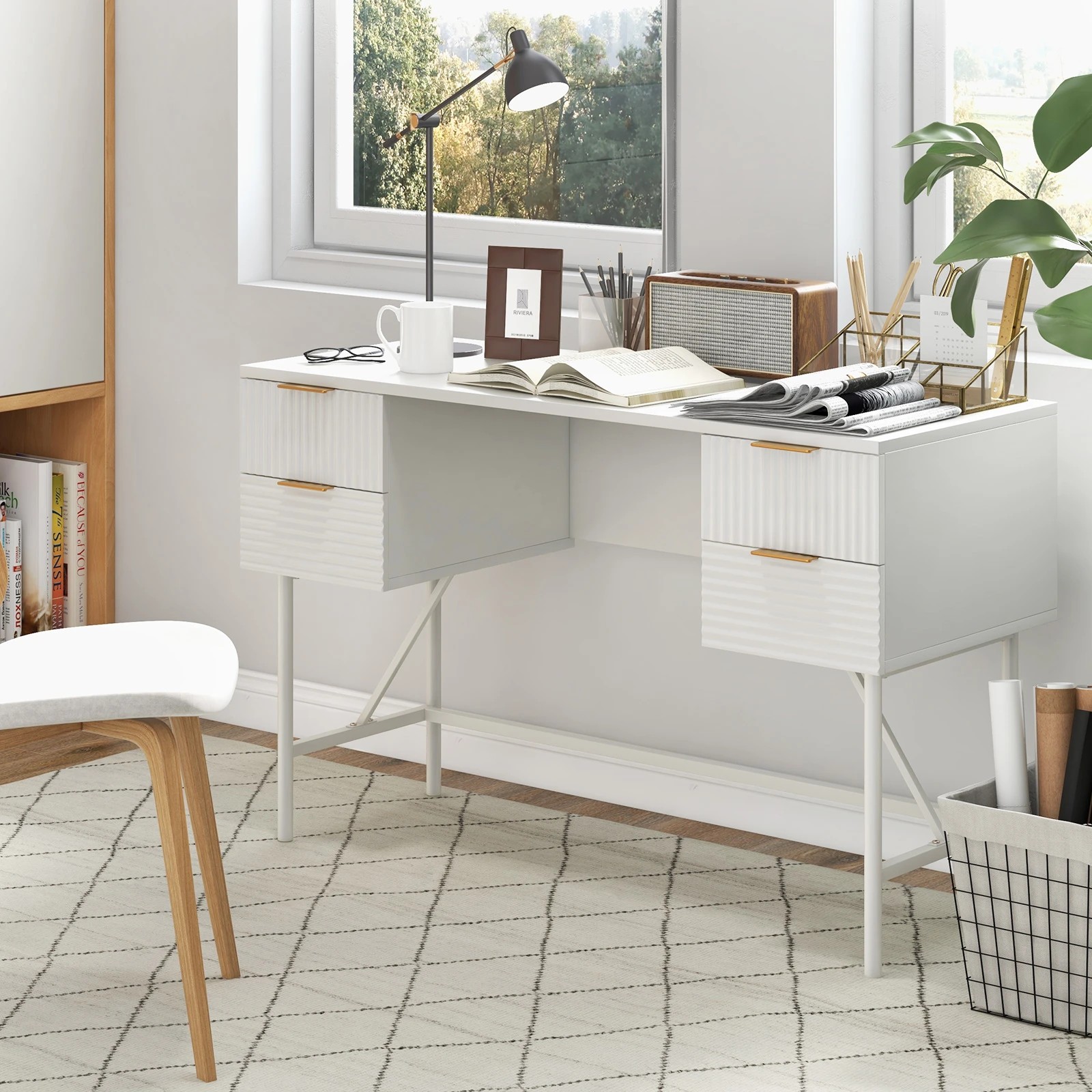 4 Costway 120cm Computer Desk w/4 Drawers Study Writing Table - White, 4 of 6