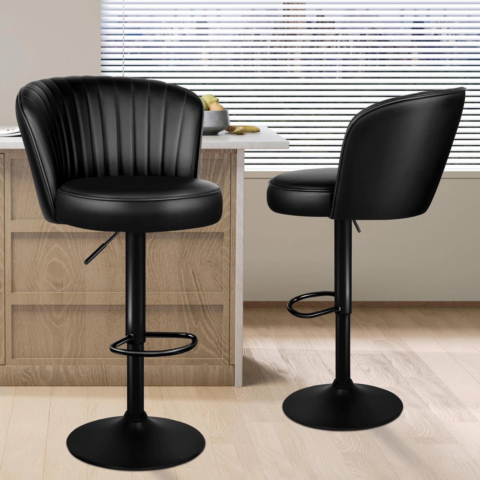 9 Alfordson 2x Bar Stools Gas Lift Leather Bar Chairs Kitchen Swivel - Black, 9 of 10