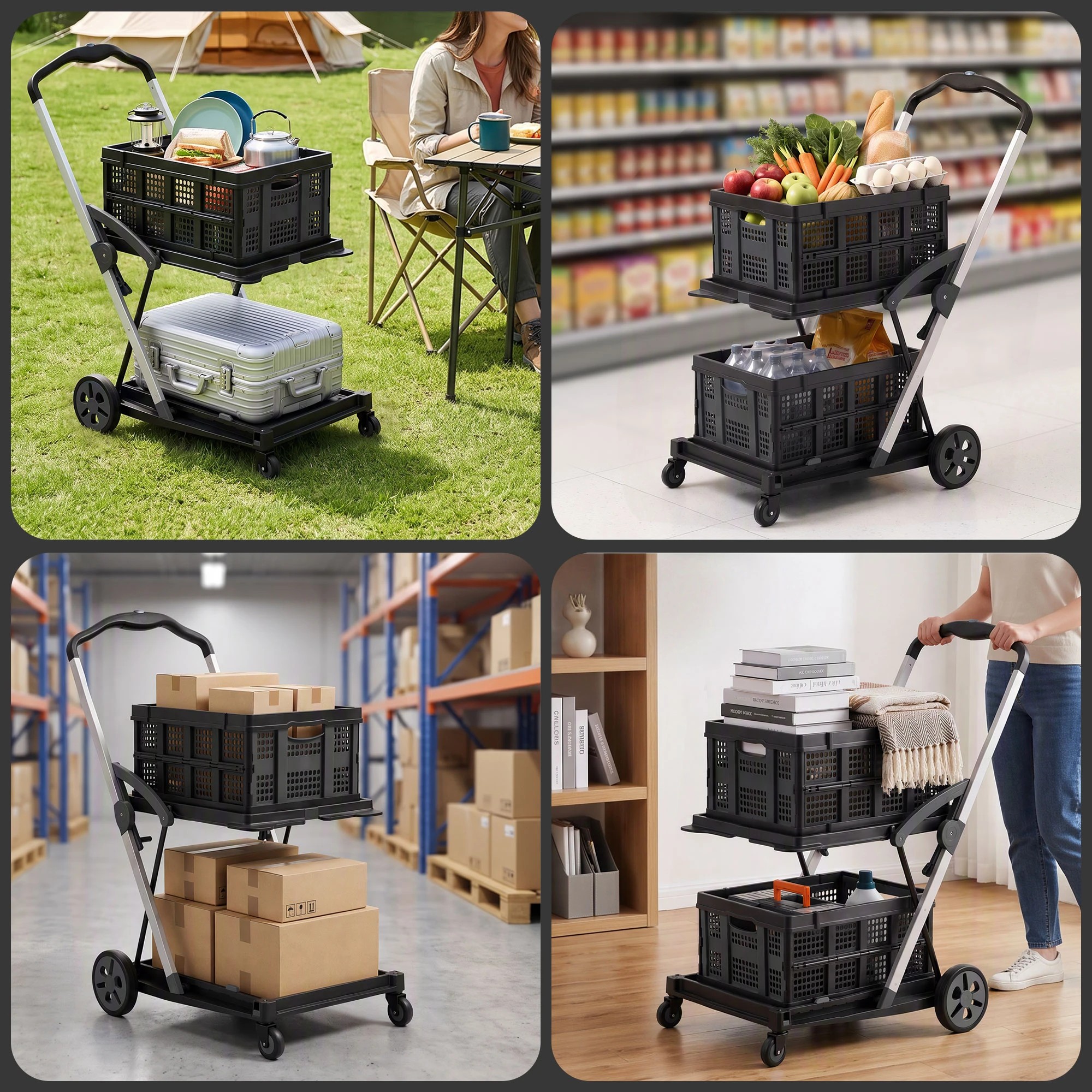 9 Artiss Shopping Trolley with Wheel 2 Layer w/2 Crates Foldable Trolley Cart for Grocery 90kg Weight Capacity - Multi, 9 of 10