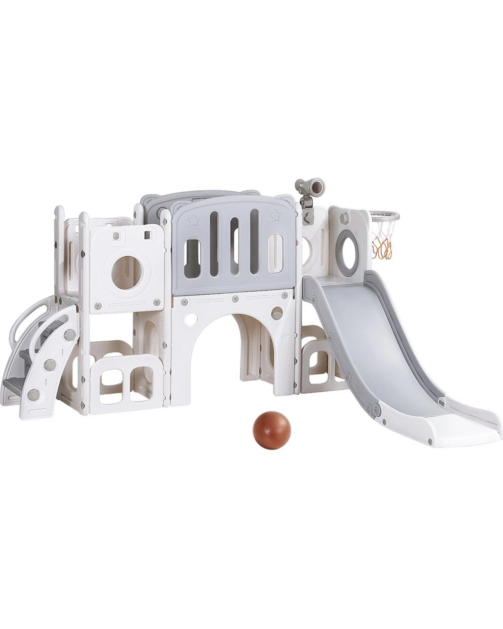 1 Keezi Kids Slide Swing Set Ball Hoop Rings Football Outdoor Toys Toddler Playset Basketball Hoop Indoor Outdoor - Grey, 1 of 9