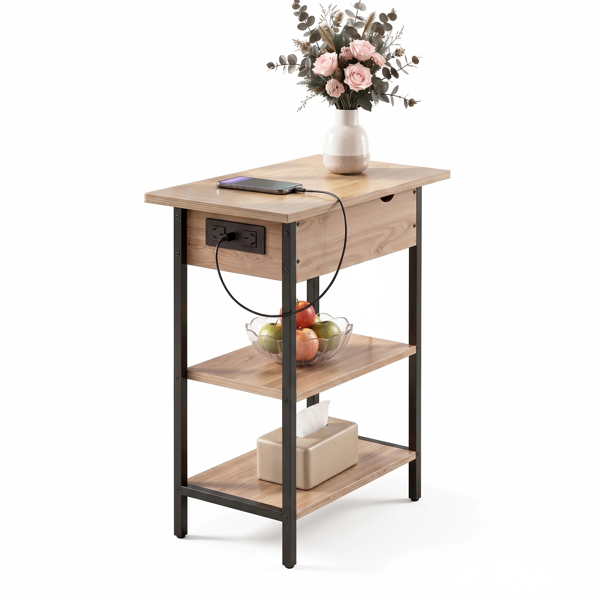 1 Artiss Coffee Table Side Bedside End Table Charging Station Flip-Top Storage 60cm Wood - Black, 1 of 7