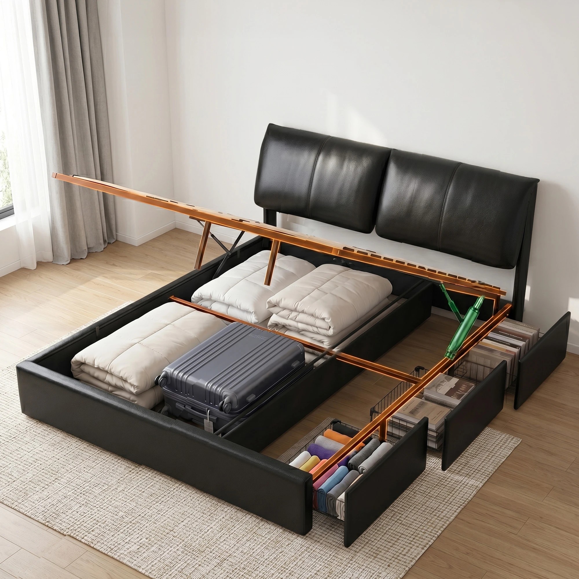 7 Artiss King Bed Frame Gas Lift Storage 3 Drawers Adjustable Headboard Platform Bed - Black, 7 of 9