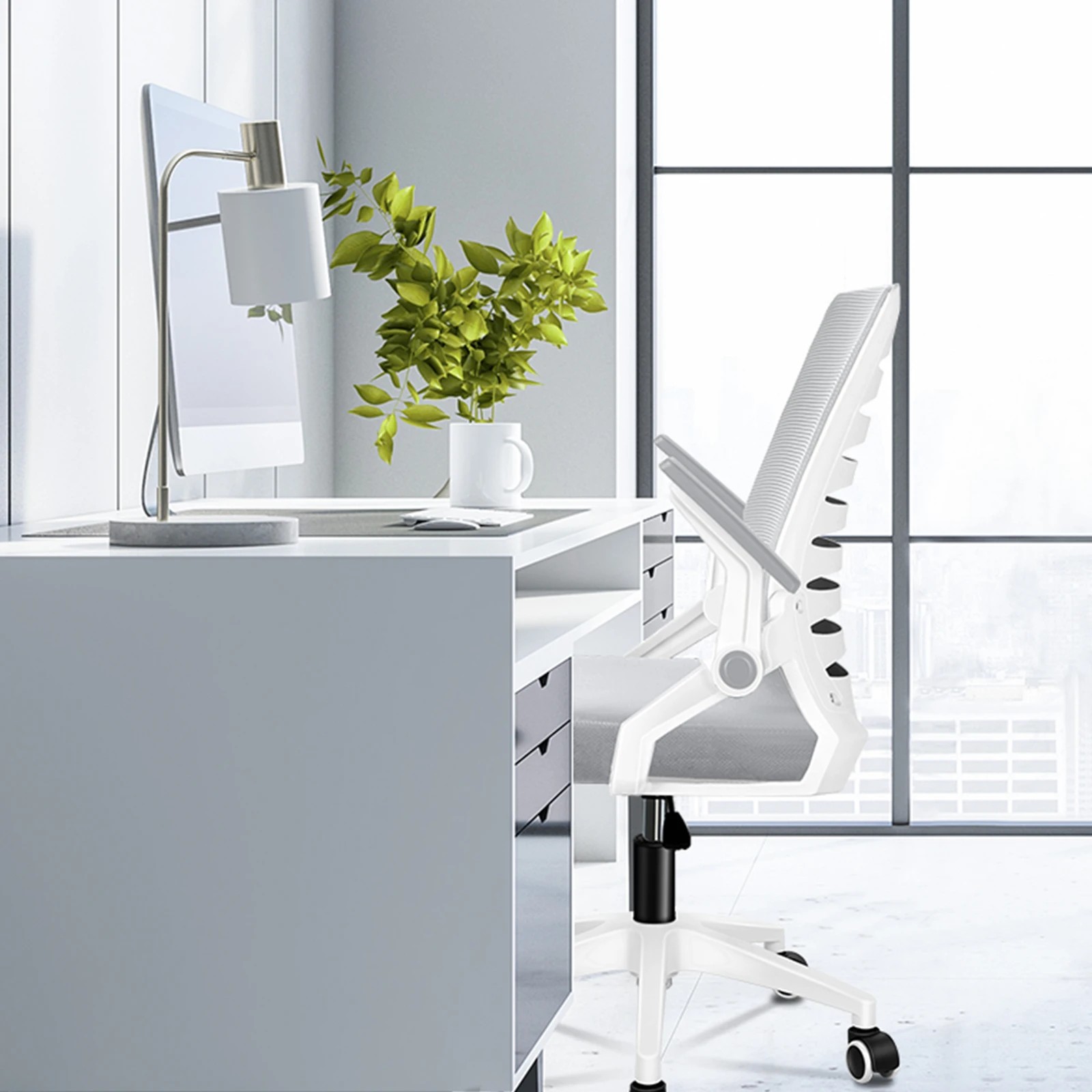 3 Alfordson Mesh Office Chair Executive Computer Fabric Seat Racing Work - White Grey, 3 of 10