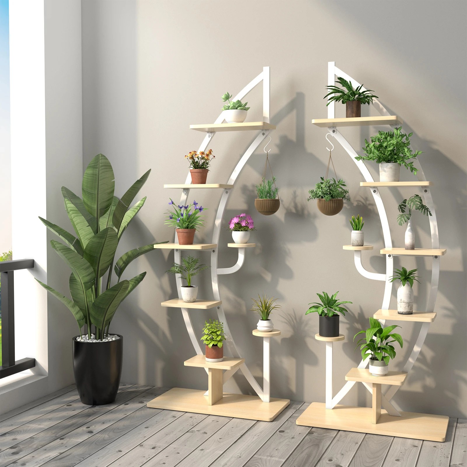 2 Costway 2x Metal Plant Stand Rack Ladder 6-Tier Planter Shelf w/Top Hook Modern Flower Pot Holder - White, 2 of 2