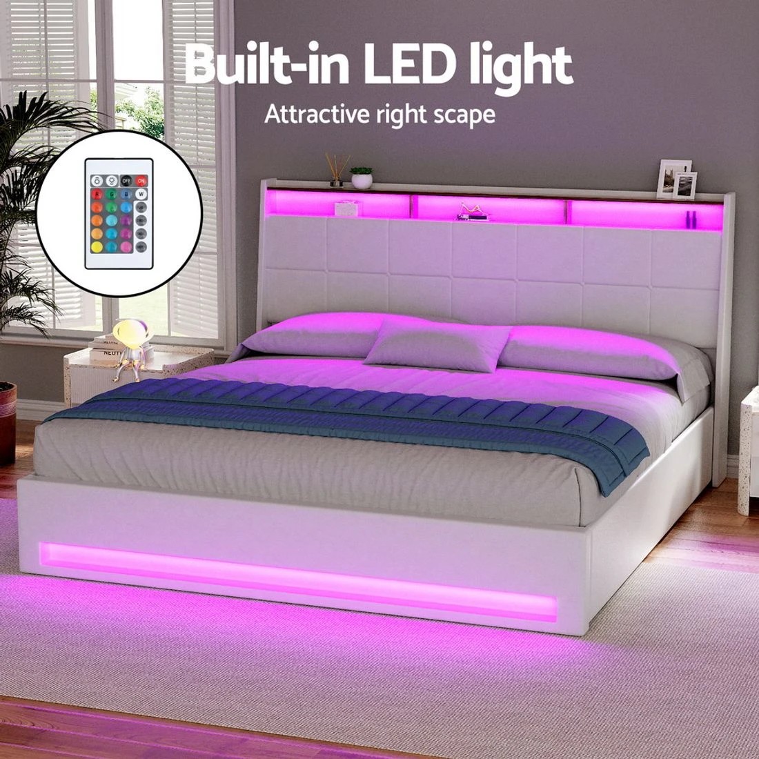 5 Artiss Bed Frame Gas Lift LED Beds Base Platform  PVC Leather Storage Headboard - White, 5 of 6