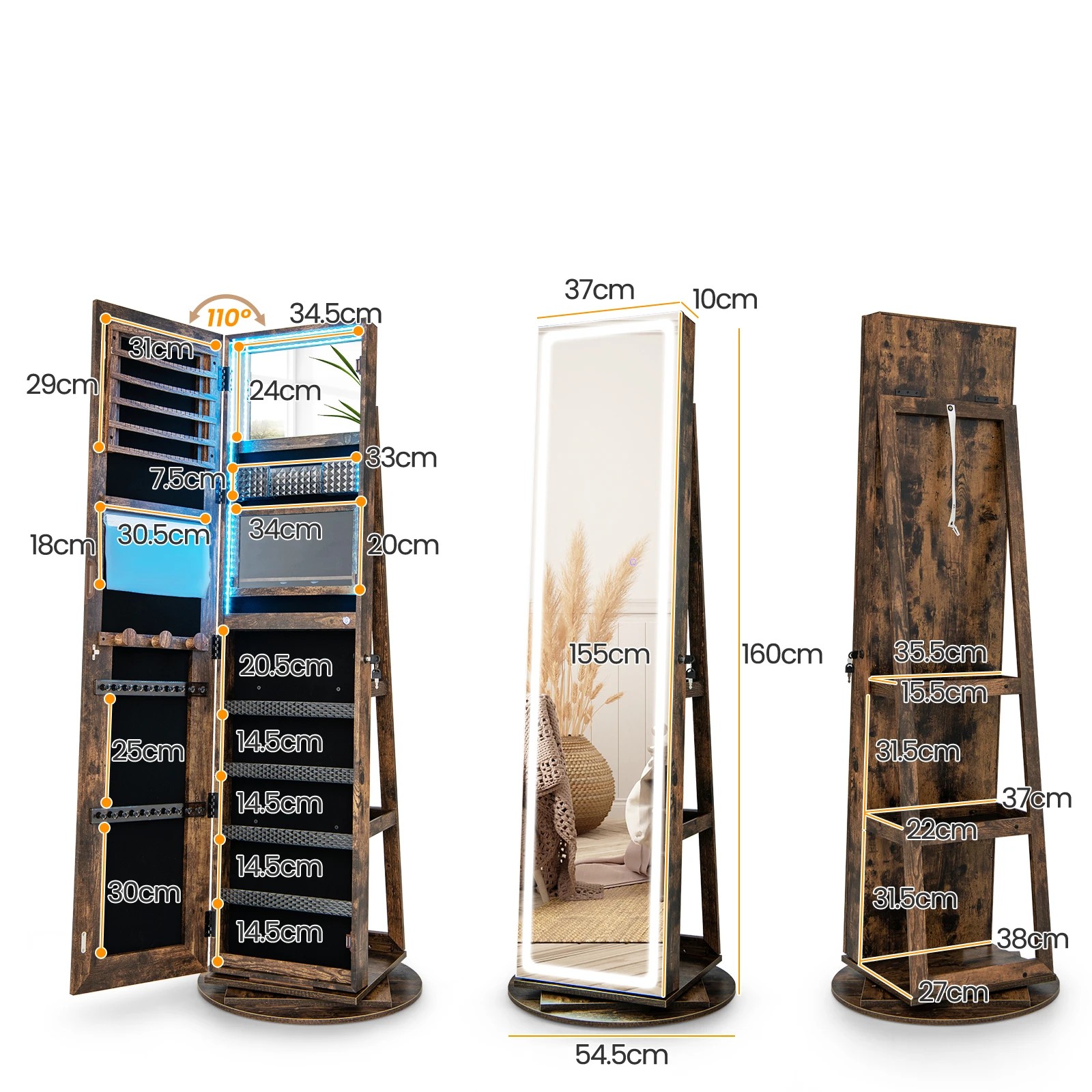 2 Costway 360° Swivel Jewellery Cabinet LED Mirror Jewelry Cupboard w/Storage Shelves - Brown, 2 of 4