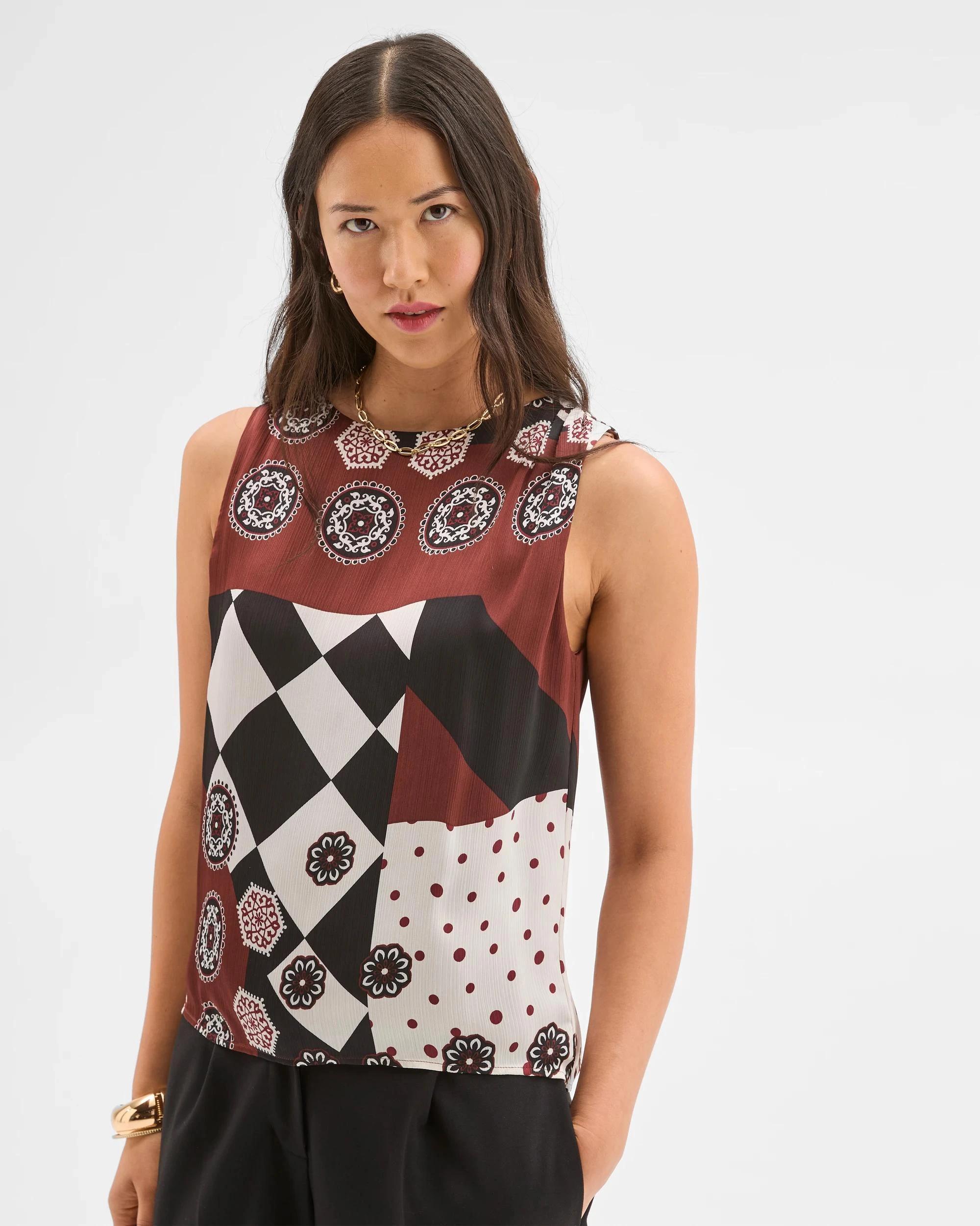 4 Preview Sleeveless Shoulder Pleat Detail Blouse SPLICED PRINT, 4 of 9