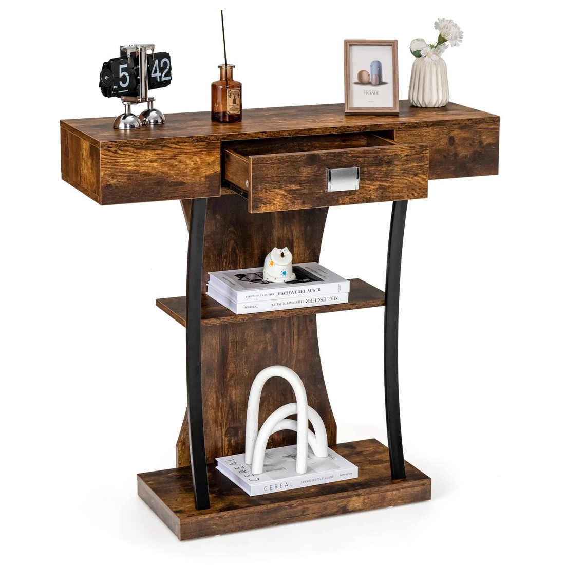 8 Costway 3-Tier Industrial Hall Table w/Drawer Side Table - Brown, 8 of 9