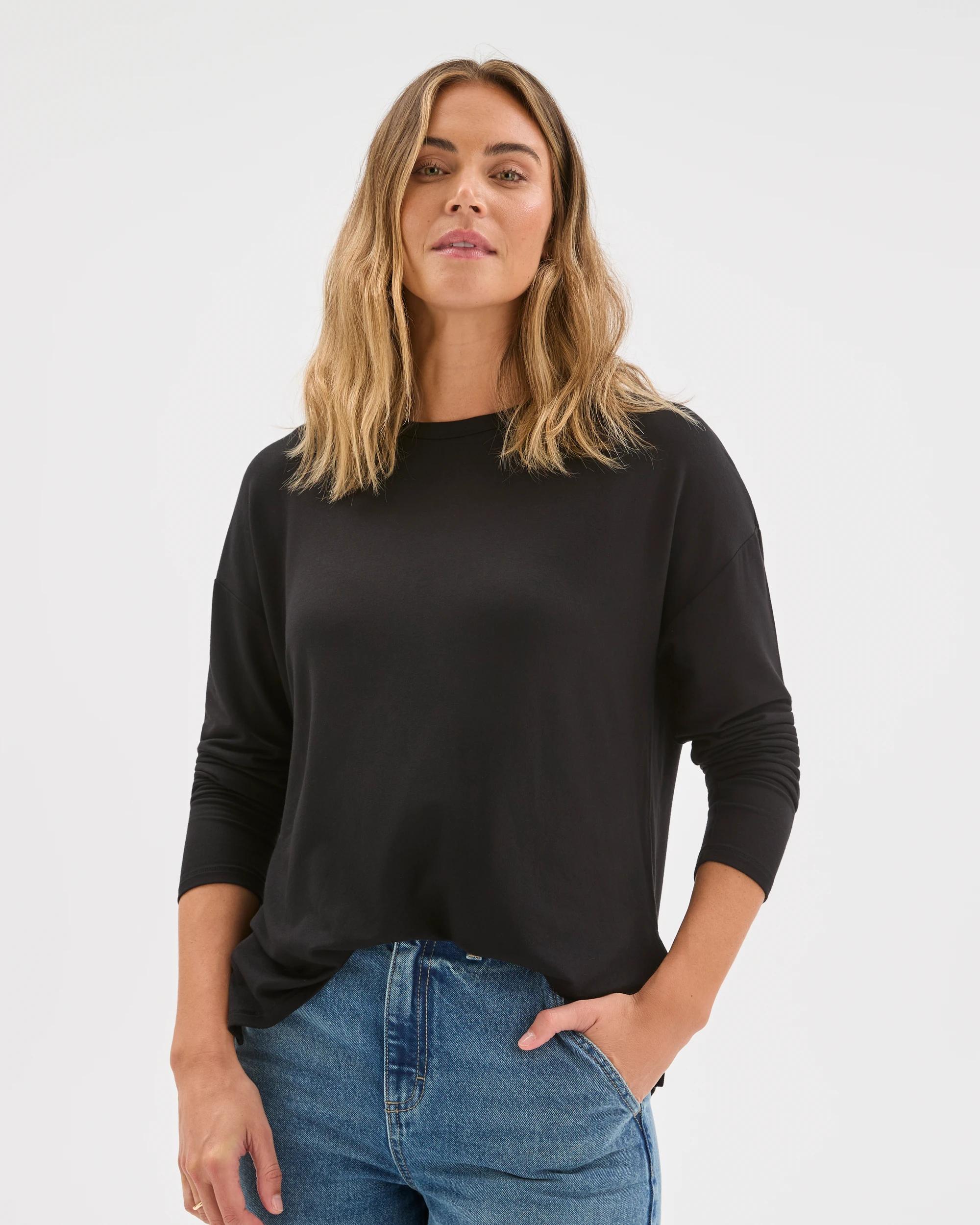 3 Target Woman Long Sleeve Drop Shoulder Curved Hem Top BLACK, 3 of 6