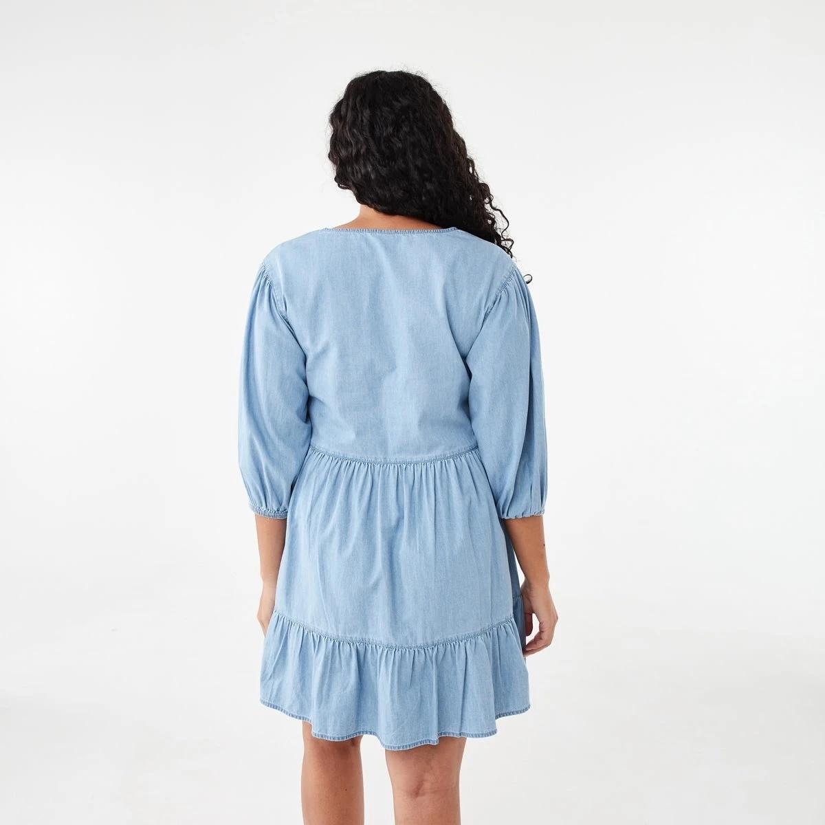 3 3/4 Balloon Sleeves Tie Front Mini Dress Light Wash, 3 of 7