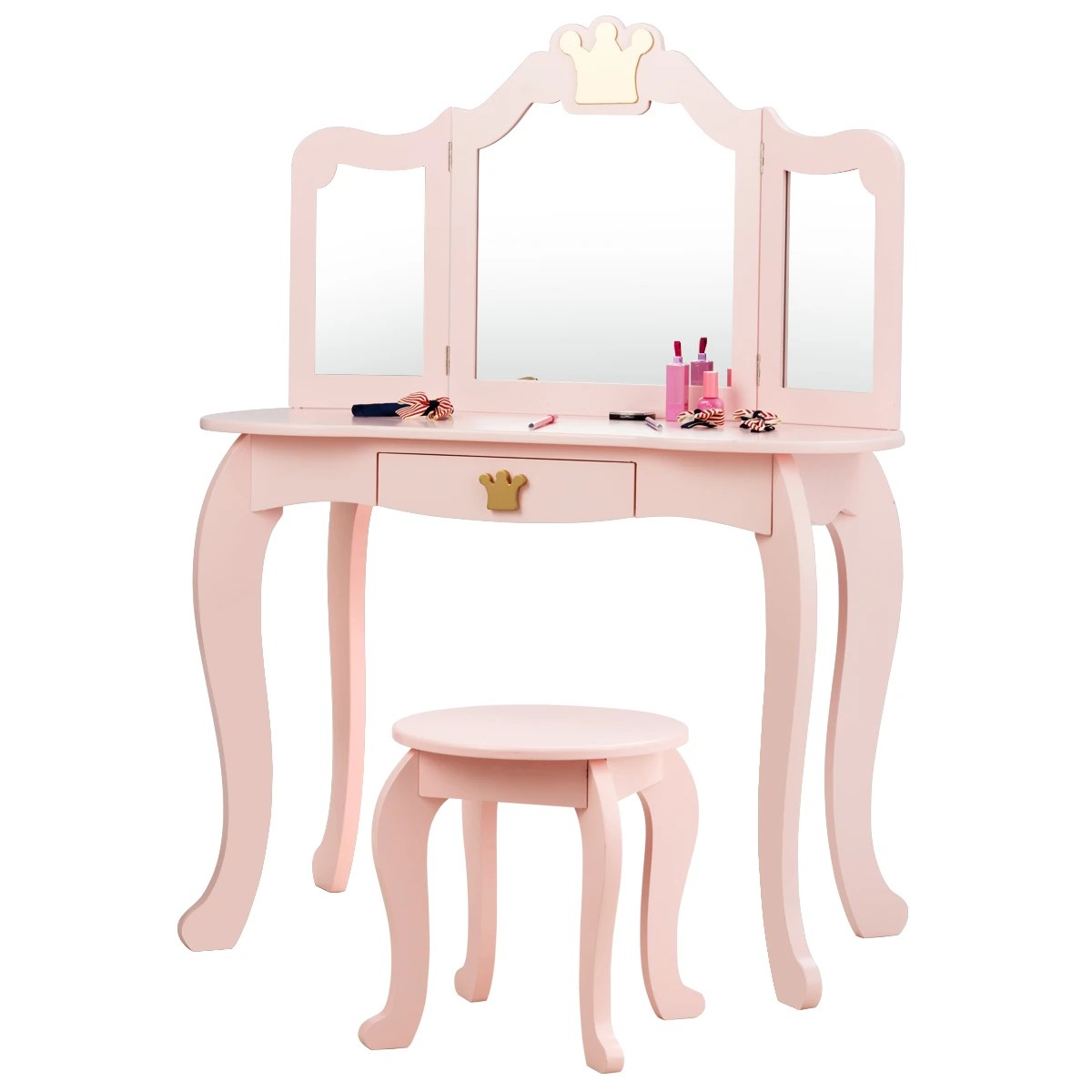 1 Costway Dressing Table Stool Mirror Set Princess Vanity Makeup Table Dresser - Pink, 1 of 3