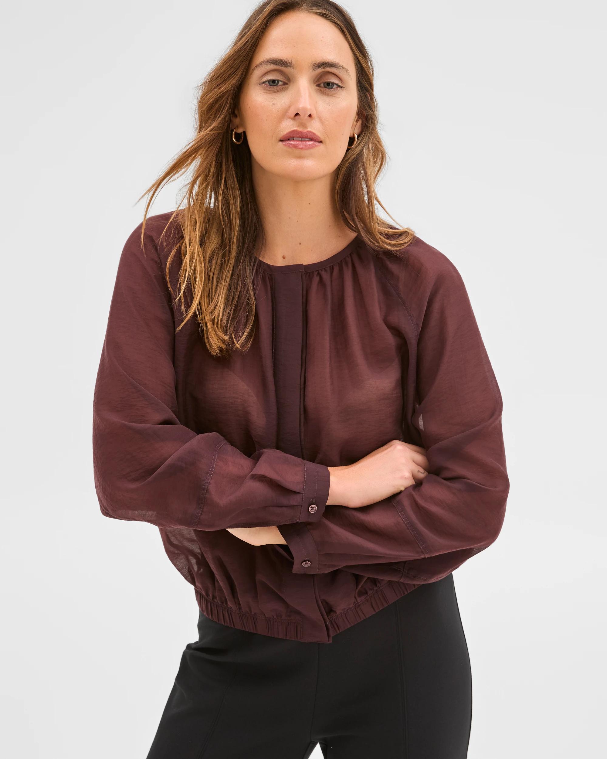 1 Preview Long Raglan Sleeve Gathered Blouse DARK CHOCOLATE, 1 of 7