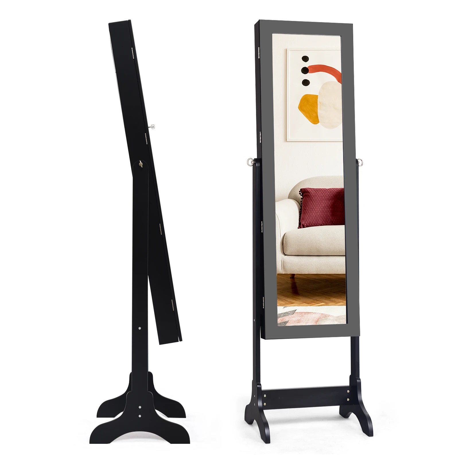 1 Costway Jewellery Cabinet Makeup Storage Organiser w/Full-Length Mirror Floor Jewellery Armoire - Black, 1 of 5