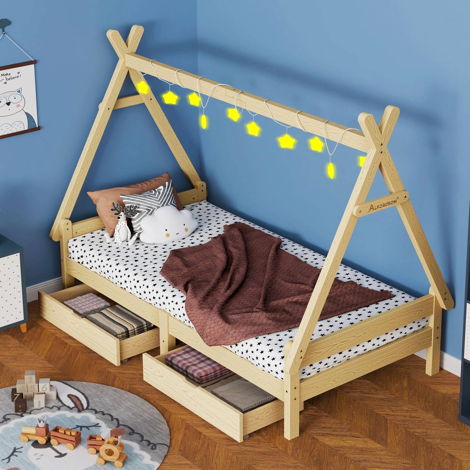 4 Alfordson Kids Bed Frame Wooden Timber Single House Frame Platform Base Estelle - Natural, 4 of 10