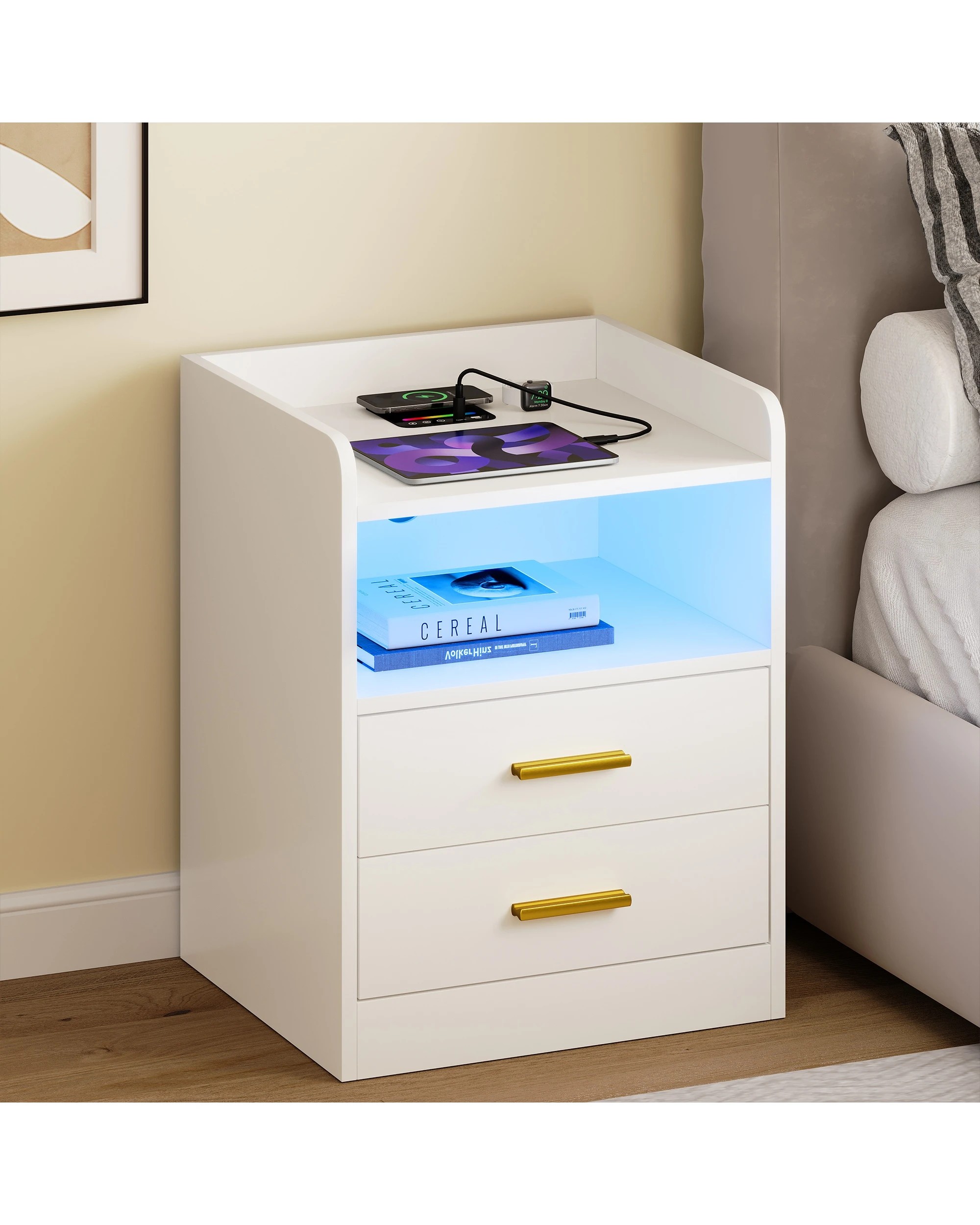 2 Advwin Bedside Table 2 Drawers Led Nightstand Wireless Charging Station, 2 of 8