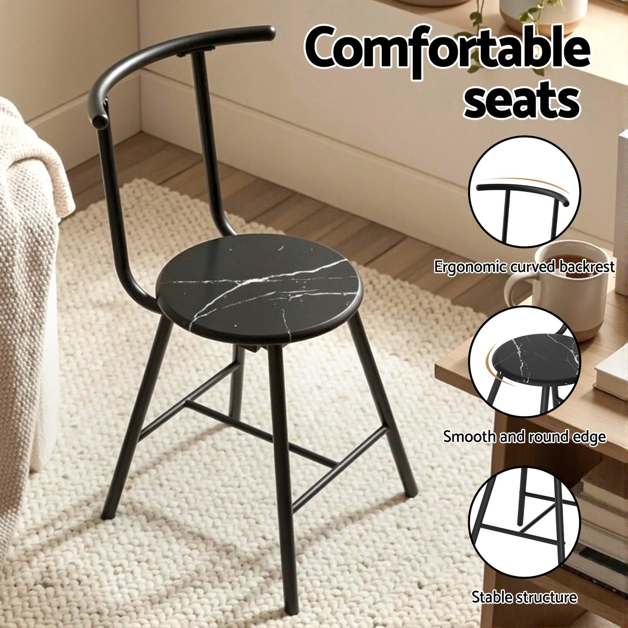 5 Artiss Dining Table Set 3PC Bistro Kitchen Storage Wine Rack  Marble Style - Black, 5 of 6